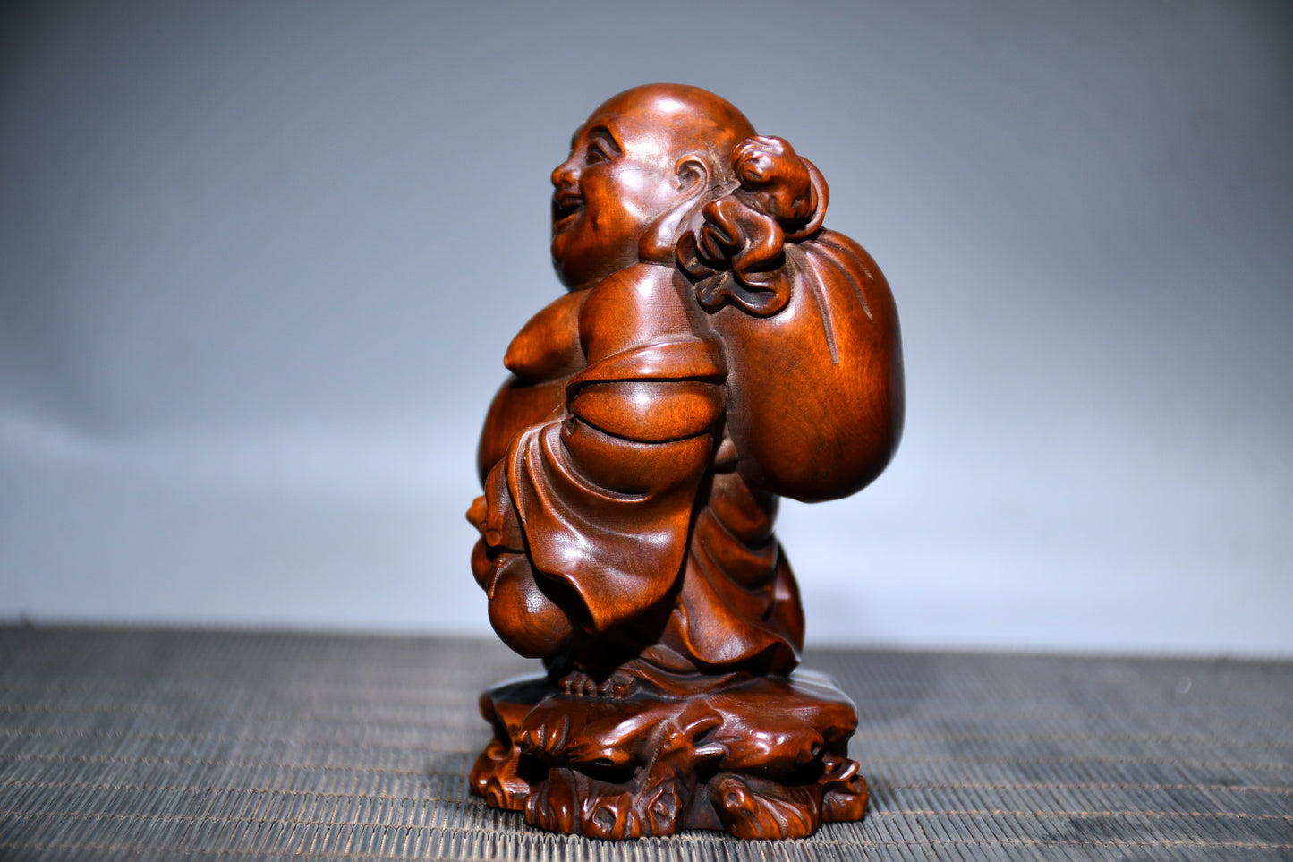 A0364 Chinese Boxwood Wood Carved Laughing Buddha Statue