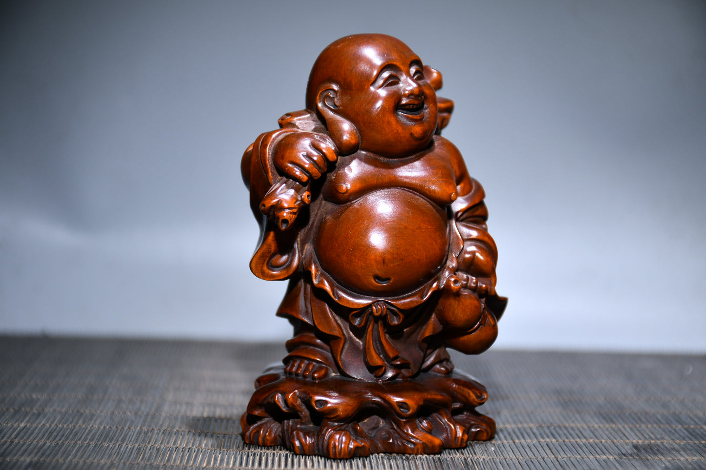 A0364 Chinese Boxwood Wood Carved Laughing Buddha Statue