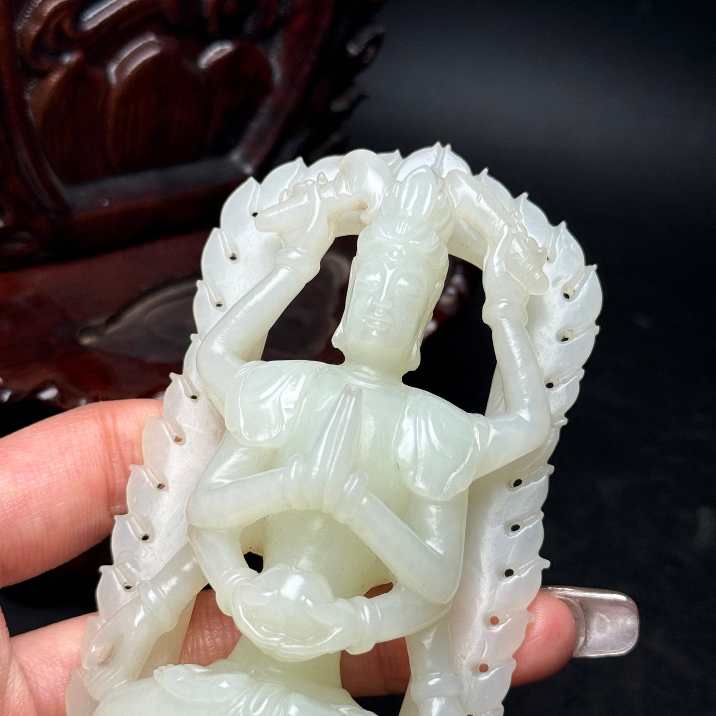 A0365 Superb Chinese Hetian Jade Carved Eight Arms Kwan-yin Statue