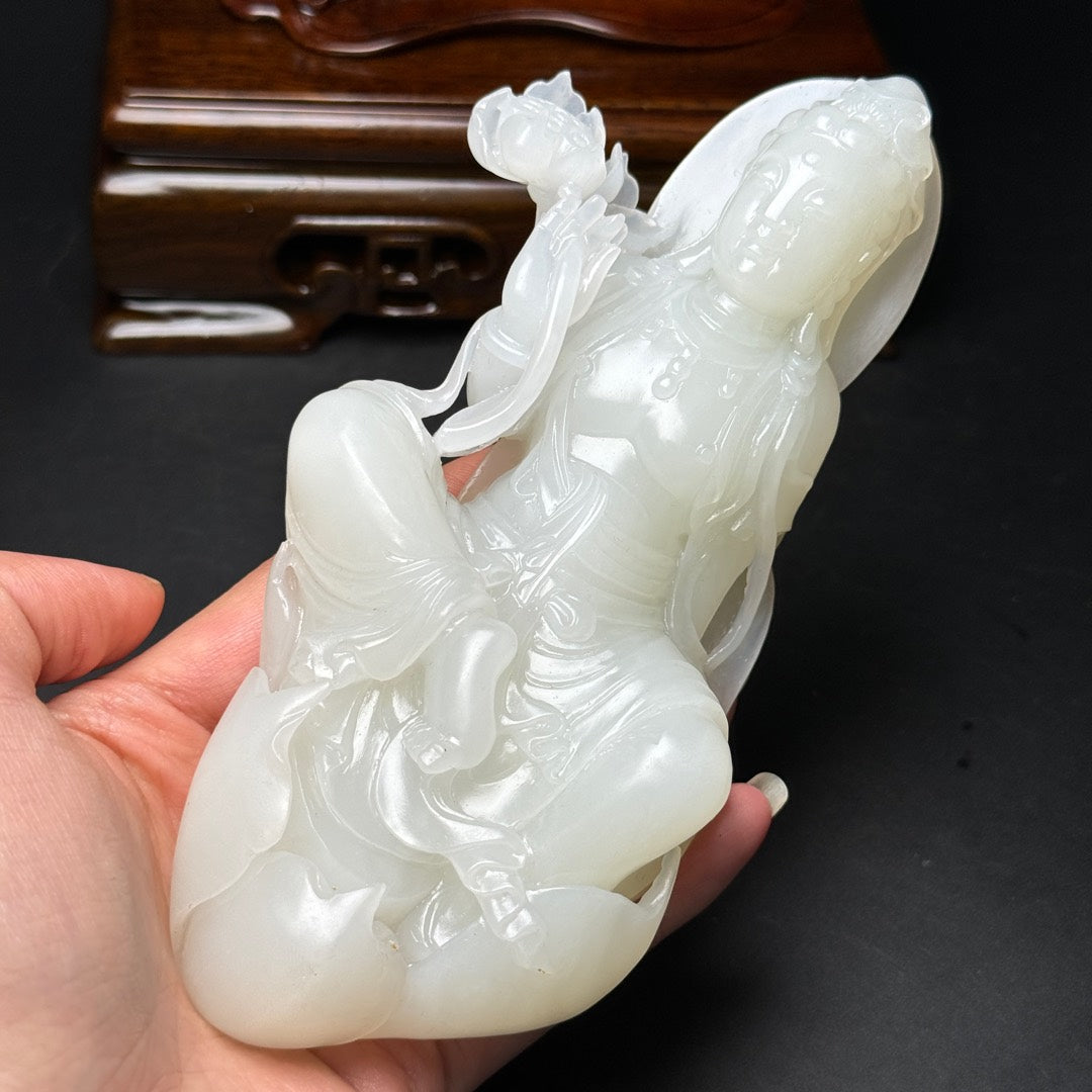 A0366 Superb Chinese Natural White Hetian Jade Lotus Flower Kwan-yin Statue