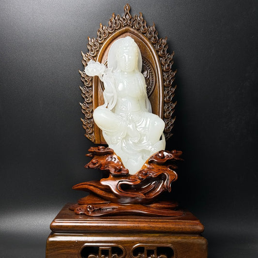 A0366 Superb Chinese Natural White Hetian Jade Lotus Flower Kwan-yin Statue