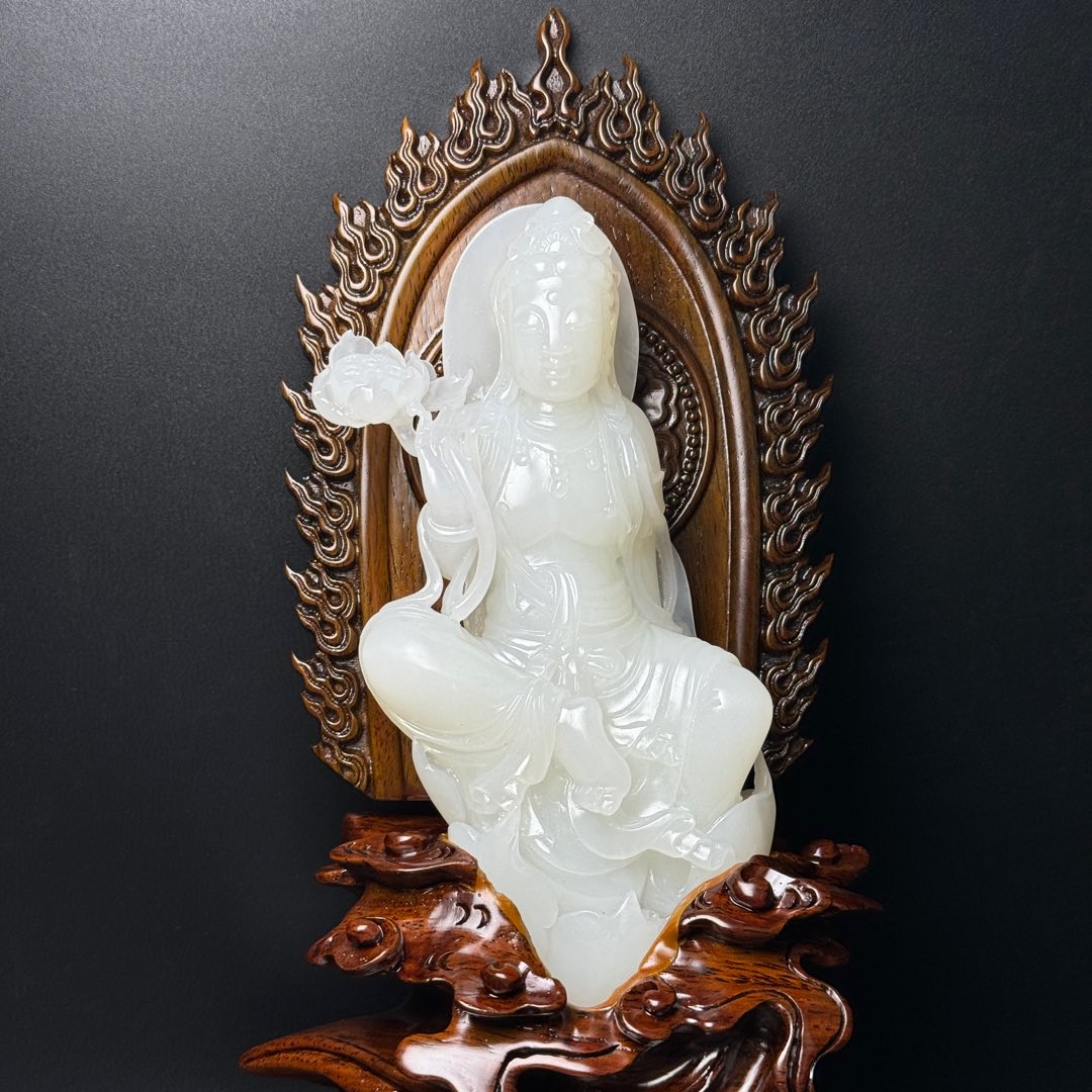 A0366 Superb Chinese Natural White Hetian Jade Lotus Flower Kwan-yin Statue