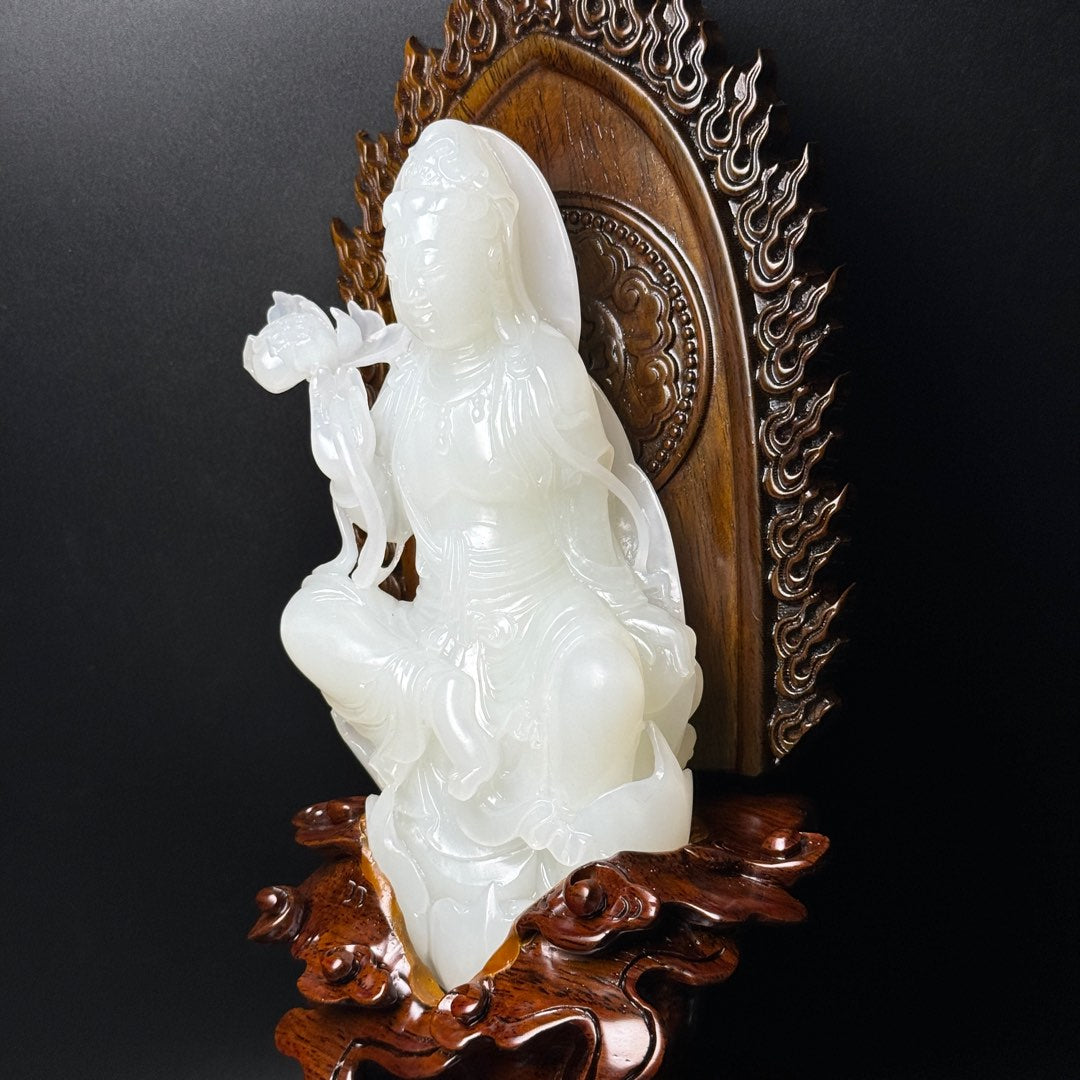 A0366 Superb Chinese Natural White Hetian Jade Lotus Flower Kwan-yin Statue