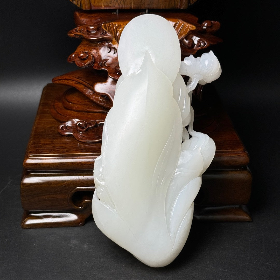 A0366 Superb Chinese Natural White Hetian Jade Lotus Flower Kwan-yin Statue