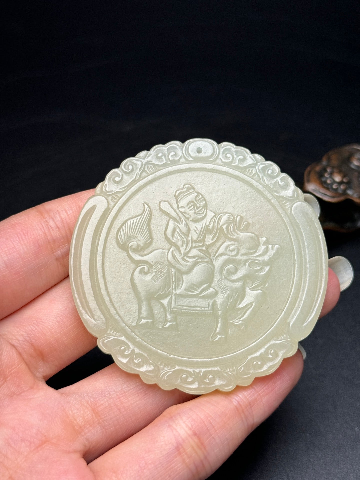 A0377 Chinese Natural Hetian Jade Carved Kylin & Kid Design Pendant