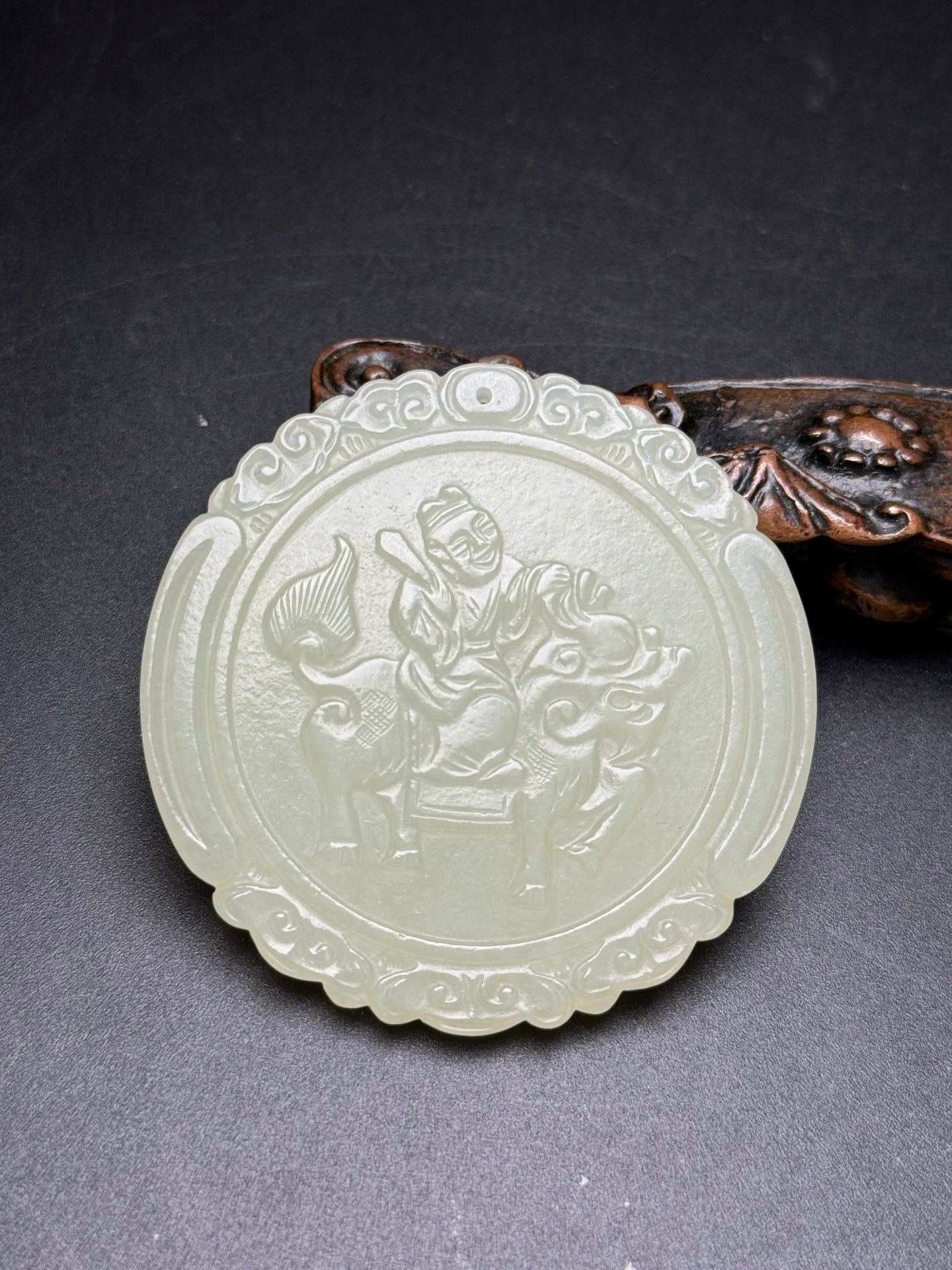 A0377 Chinese Natural Hetian Jade Carved Kylin & Kid Design Pendant