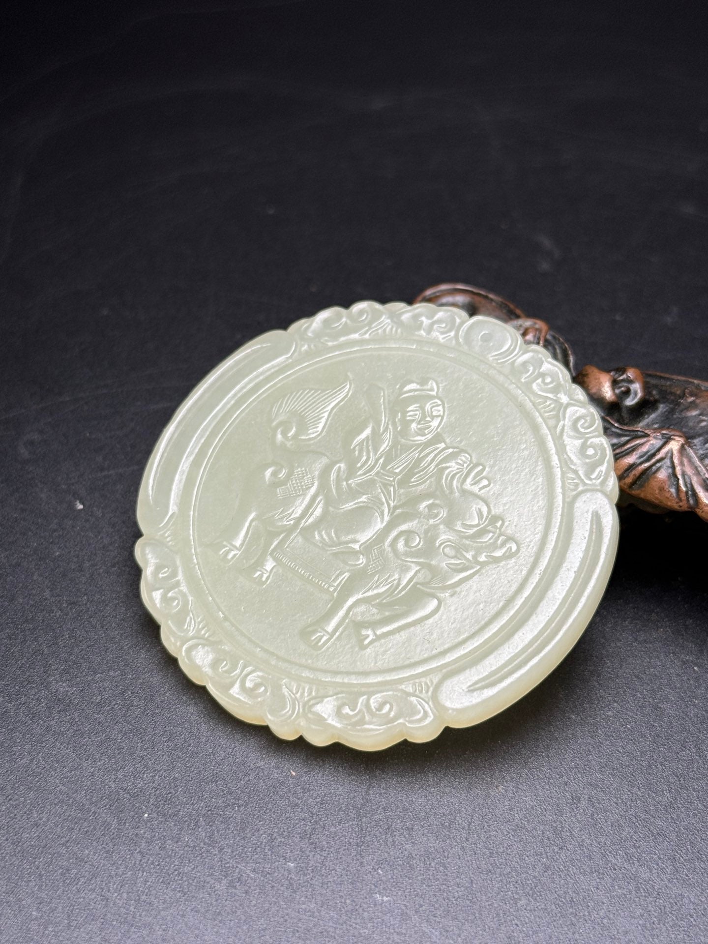 A0377 Chinese Natural Hetian Jade Carved Kylin & Kid Design Pendant