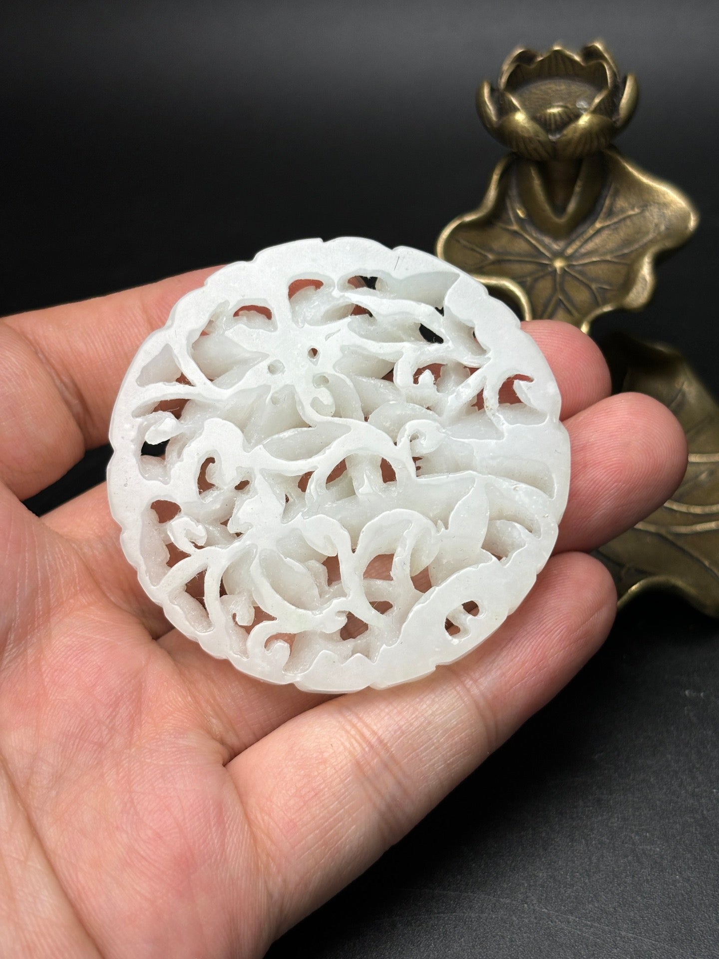 A0379 Openwork Chinese Natural Hetian Jade Carved Flower & Phoenix Pendant