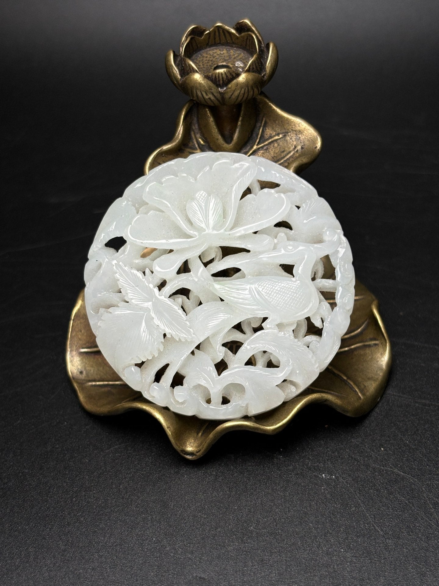 A0379 Openwork Chinese Natural Hetian Jade Carved Flower & Phoenix Pendant