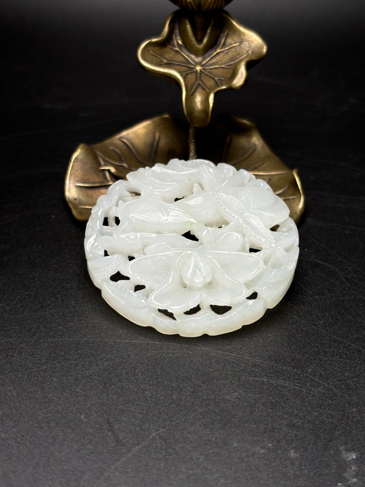 A0379 Openwork Chinese Natural Hetian Jade Carved Flower & Phoenix Pendant