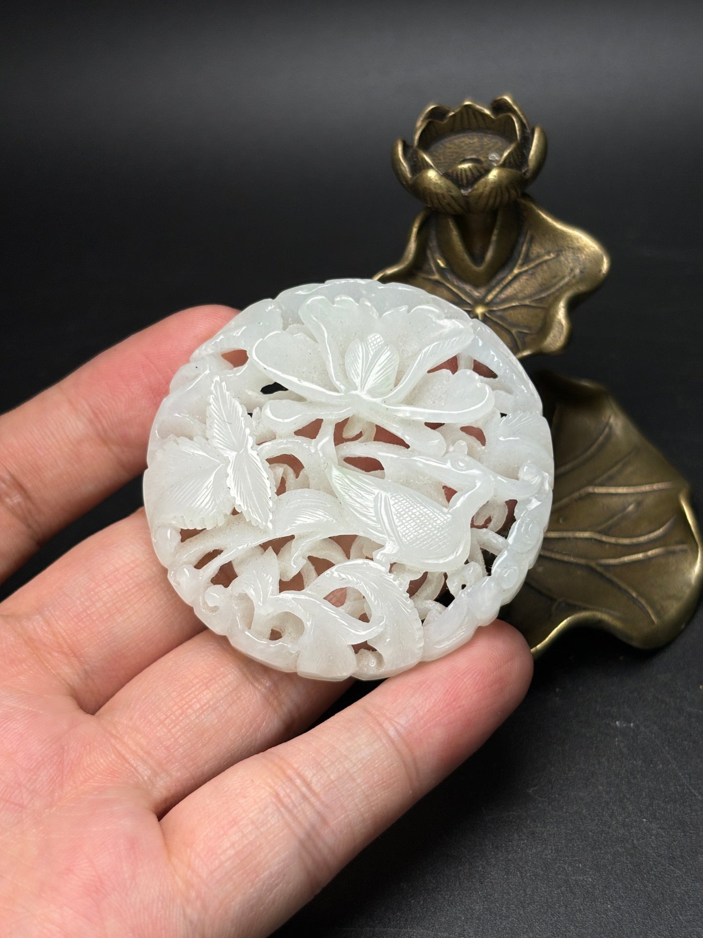 A0379 Openwork Chinese Natural Hetian Jade Carved Flower & Phoenix Pendant