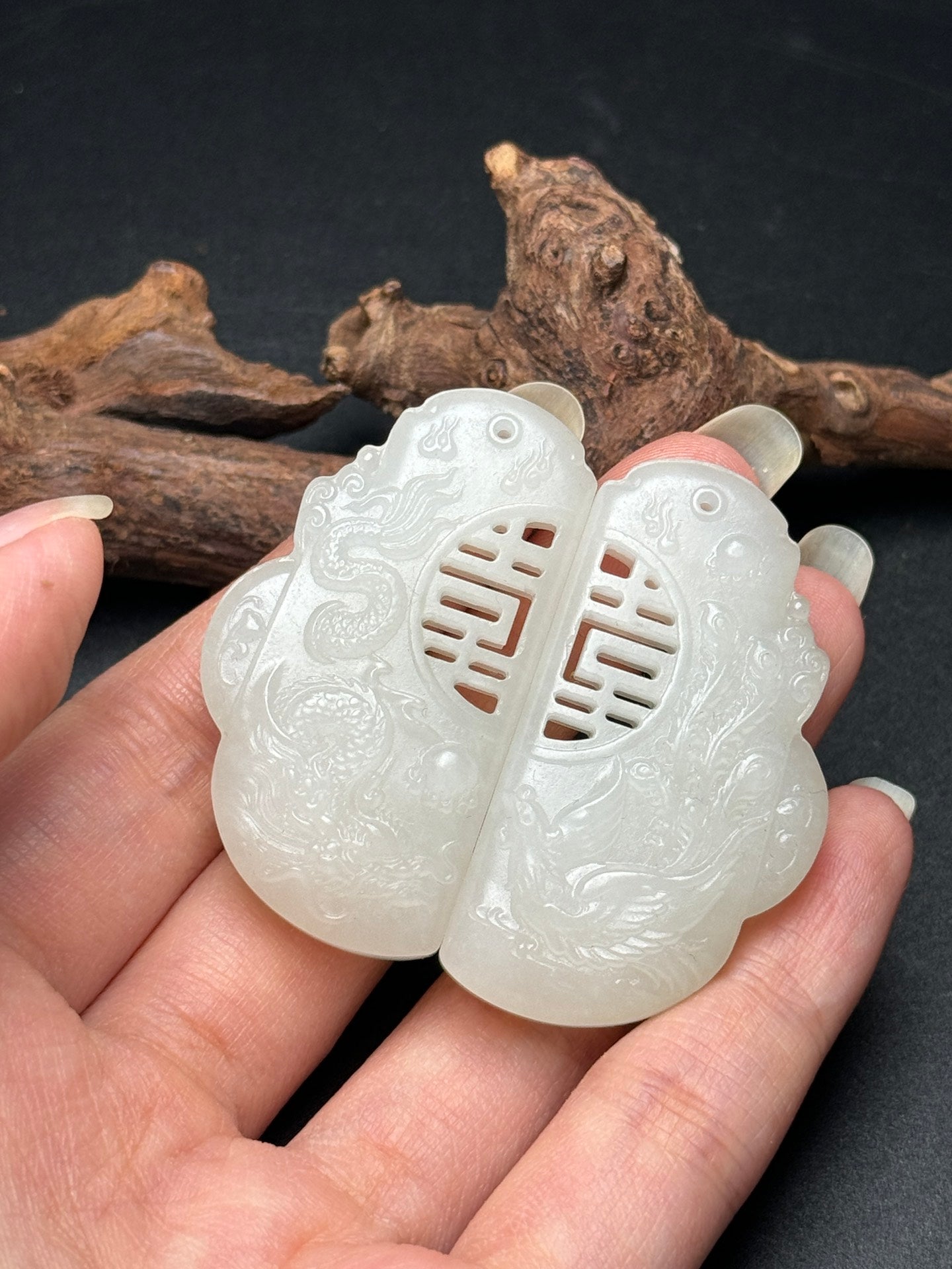 A0380 A Pair Chinese Natural Hetian Jade Carved Dragon Phoenix Pendant