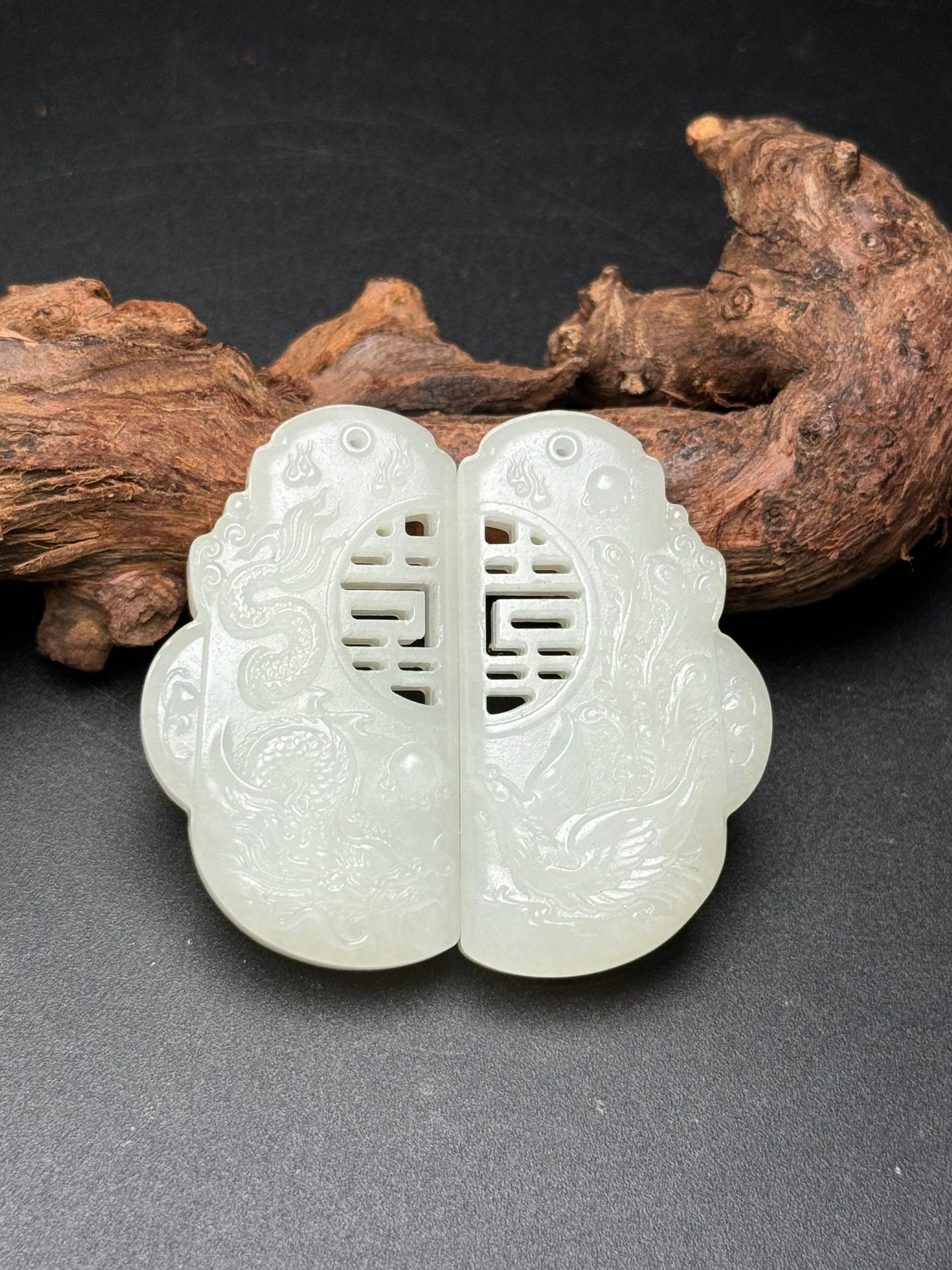 A0380 A Pair Chinese Natural Hetian Jade Carved Dragon Phoenix Pendant