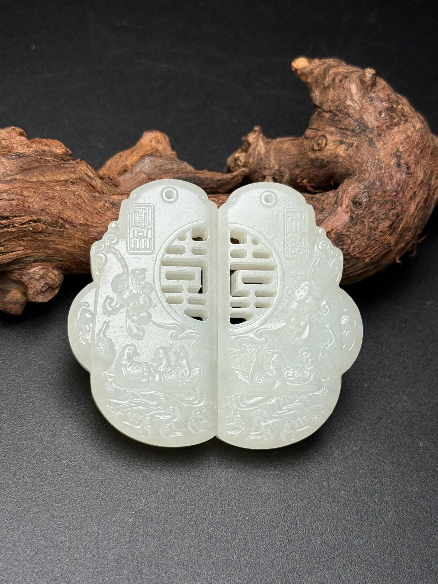 A0380 A Pair Chinese Natural Hetian Jade Carved Dragon Phoenix Pendant