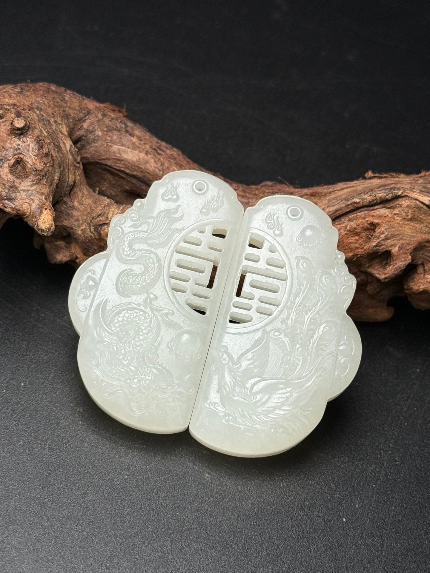 A0380 A Pair Chinese Natural Hetian Jade Carved Dragon Phoenix Pendant