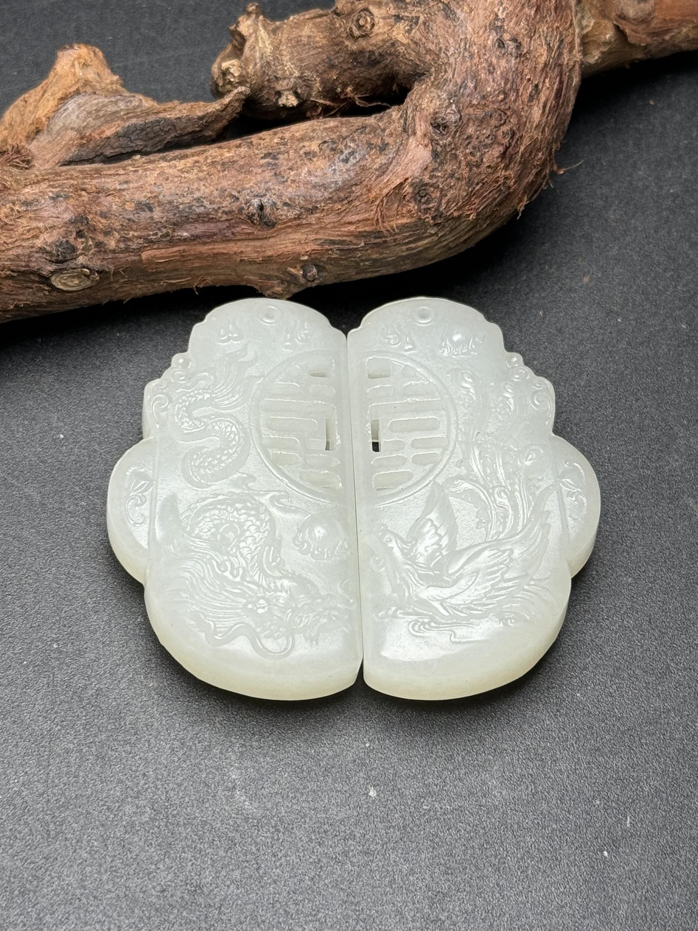 A0380 A Pair Chinese Natural Hetian Jade Carved Dragon Phoenix Pendant