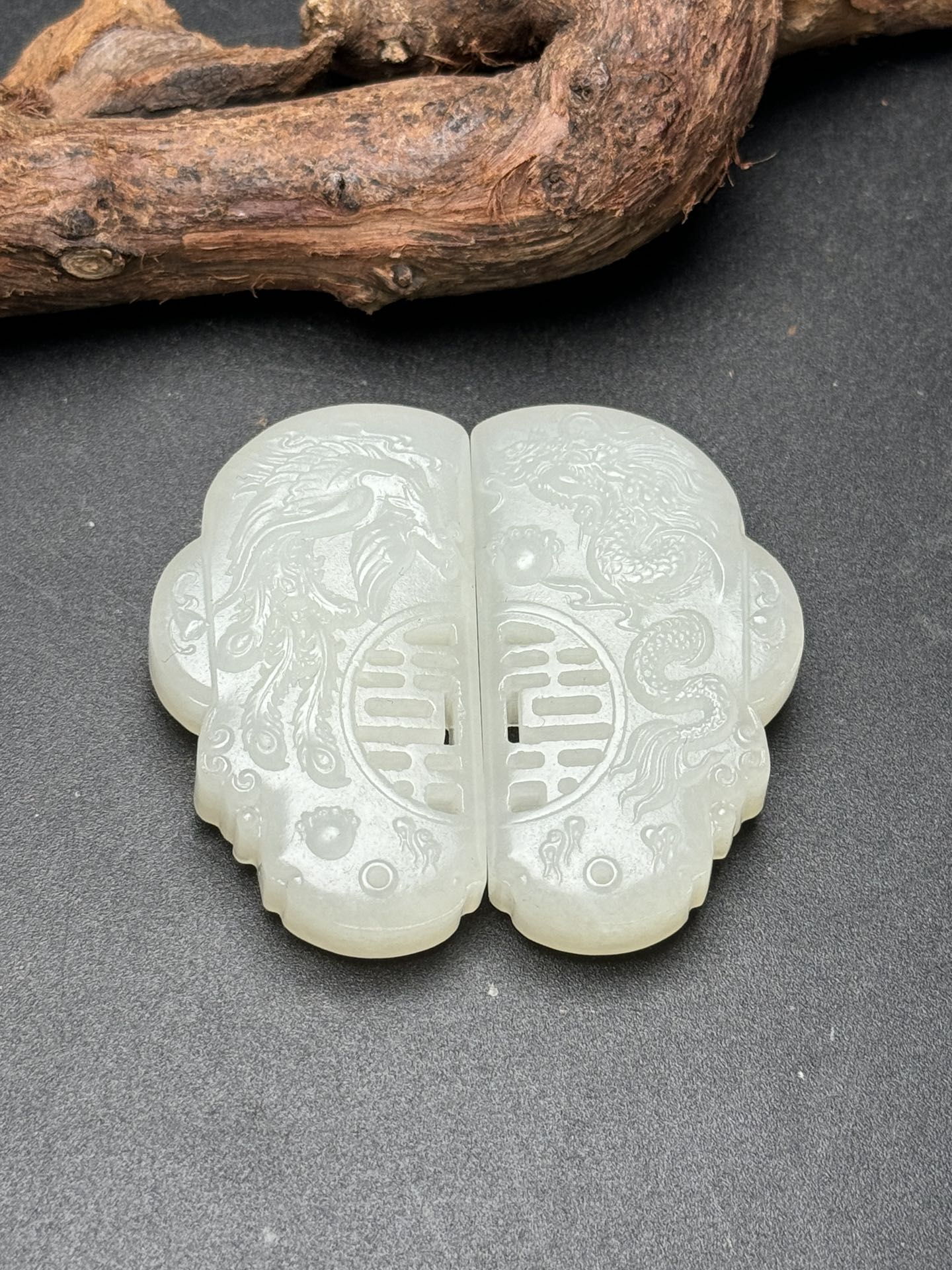 A0380 A Pair Chinese Natural Hetian Jade Carved Dragon Phoenix Pendant