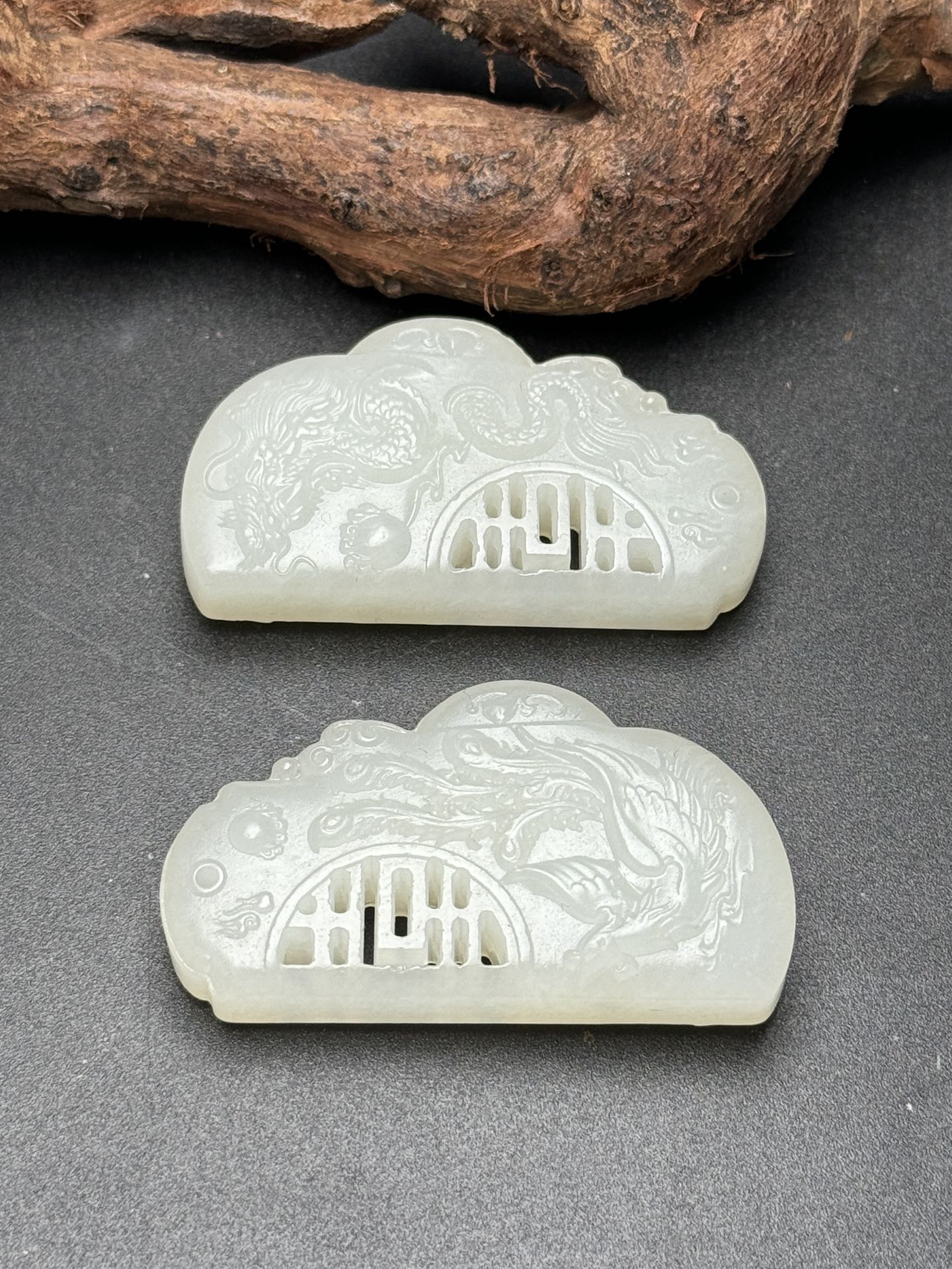 A0380 A Pair Chinese Natural Hetian Jade Carved Dragon Phoenix Pendant