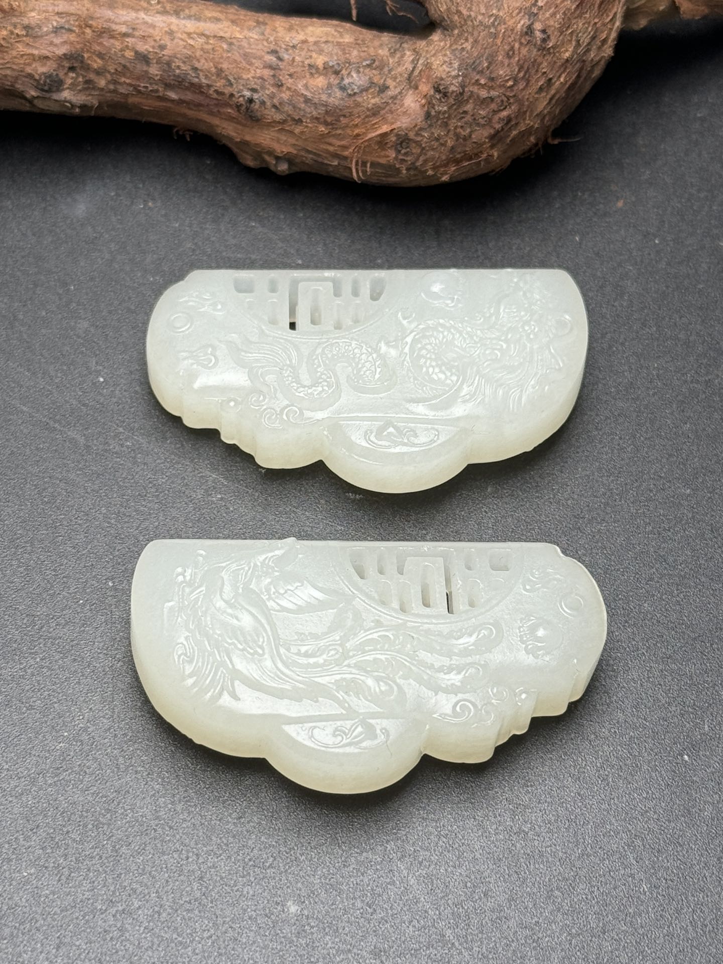 A0380 A Pair Chinese Natural Hetian Jade Carved Dragon Phoenix Pendant