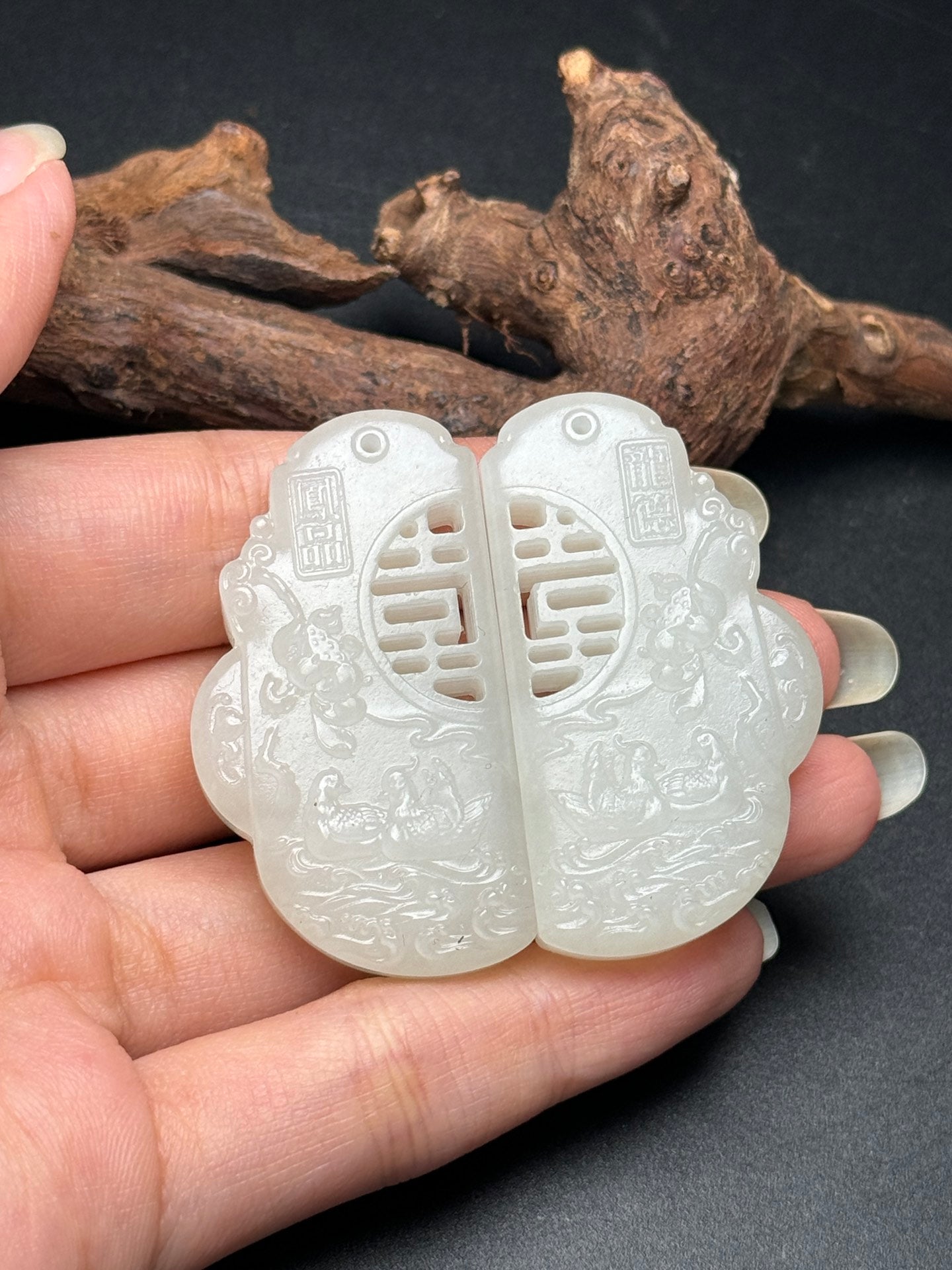 A0380 A Pair Chinese Natural Hetian Jade Carved Dragon Phoenix Pendant