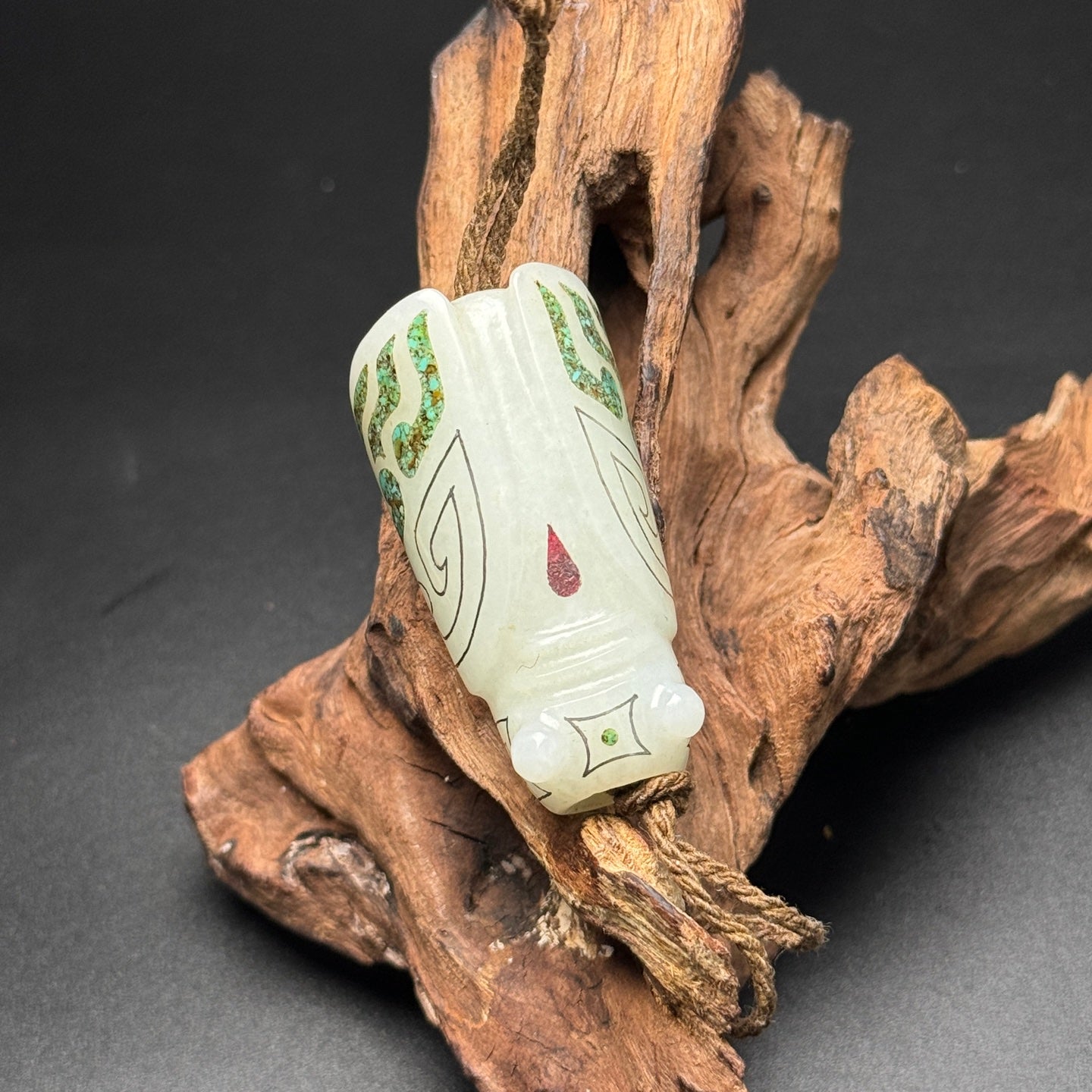 A0381 Old Chinese Hetian Jade Inlay Silver Wires & Turquoise Cicada Pendant