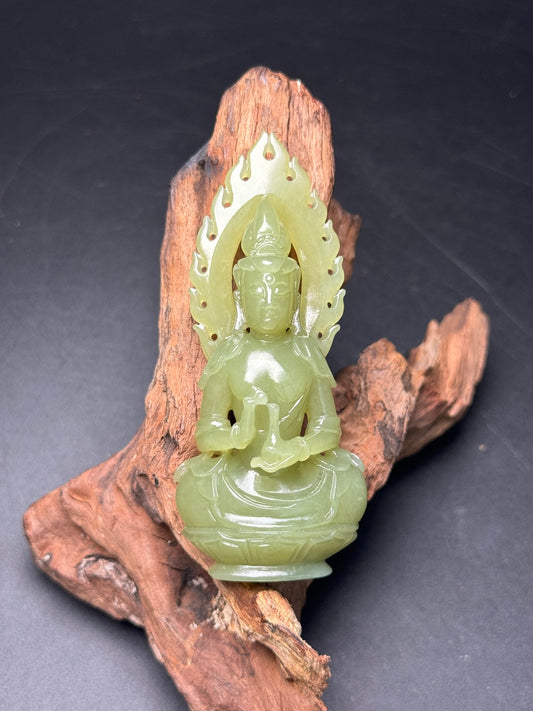 A0382 Chinese Natural Yellow Hetian Jade Carved Kwan-yin Pendant