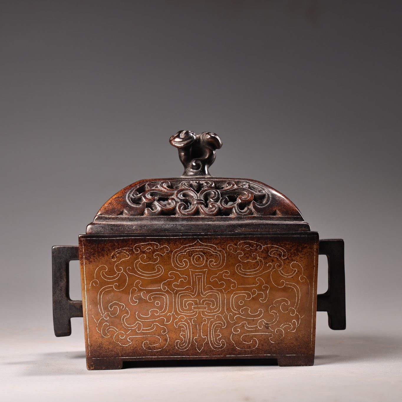 A3085 Openwork Vintage Chinese Copper Inlay Silver Wires Double Ears Incense Burner