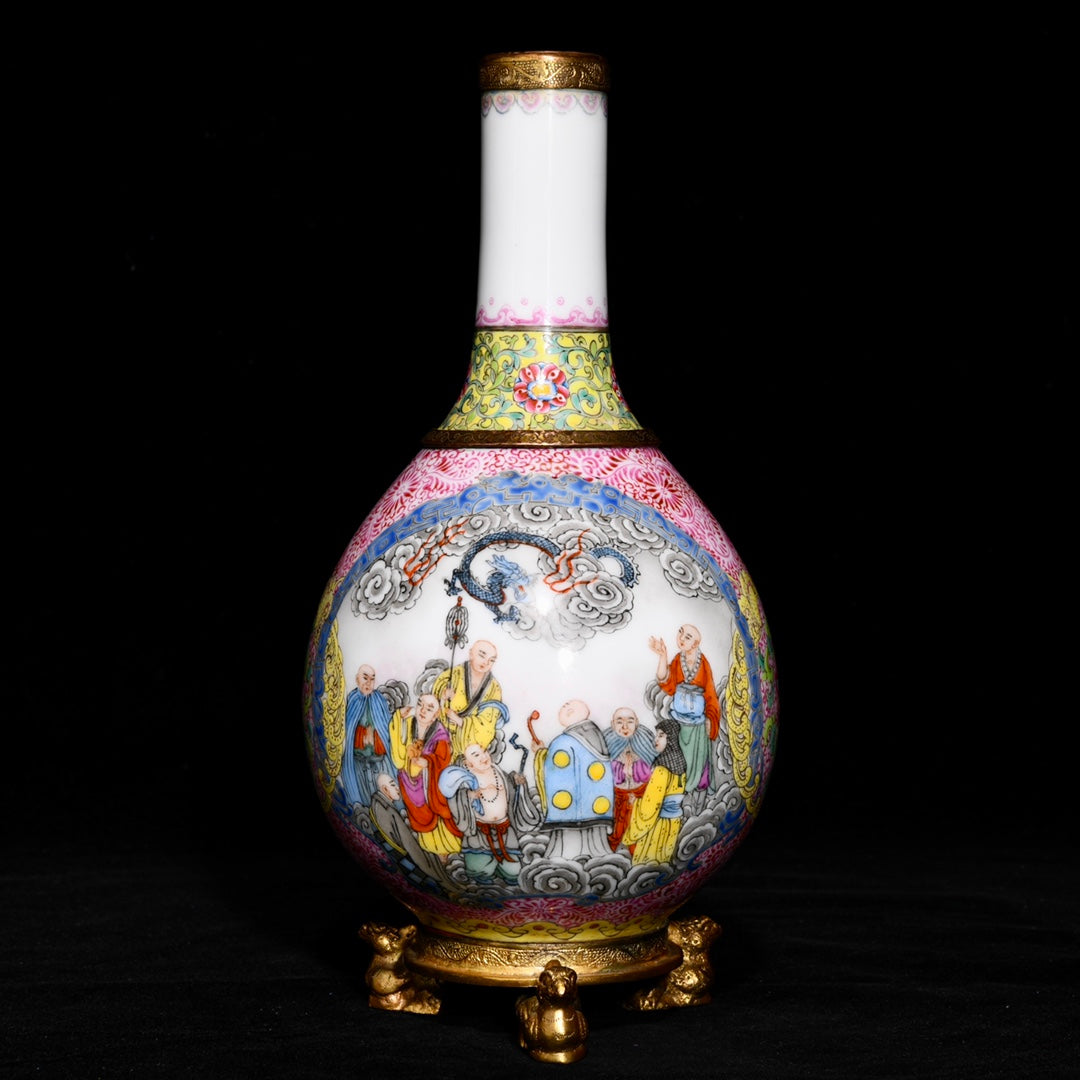 A0386 Chinese Gilt Edge Famille Rose Eighteen Arhat Design Porcelain Vase w Gilt Gold Bronze Base