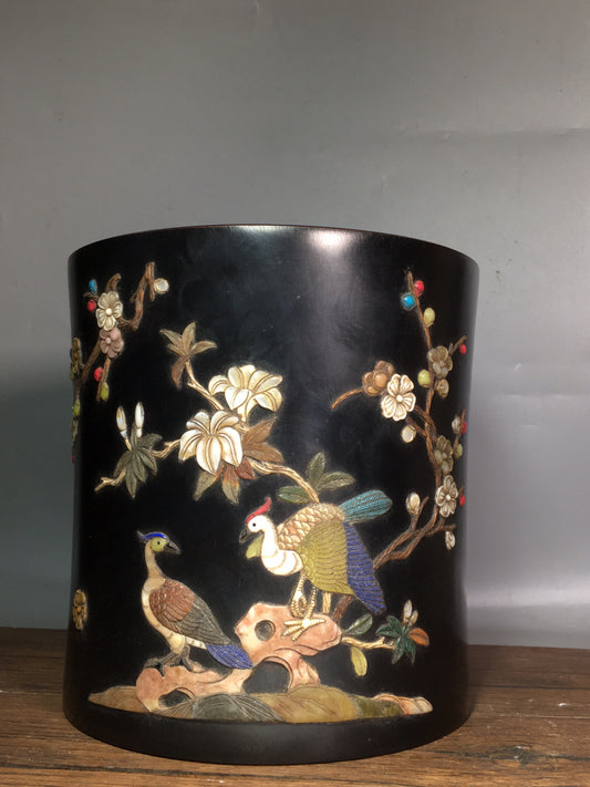 A0387 Vintage Chinese Zitan Wood Inlay Shell & Turquoise,Shoushan Stone,Lapis Lazuli Crane & Flower Design Brush Pot