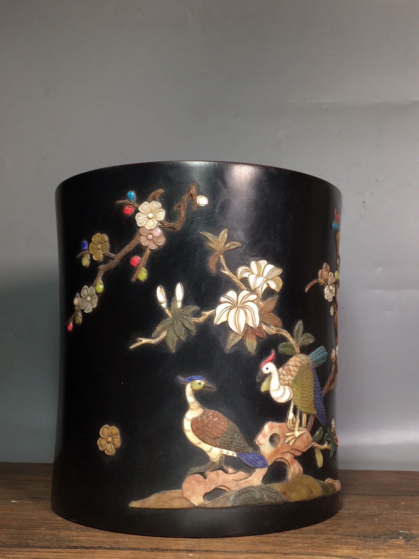 A0387 Vintage Chinese Zitan Wood Inlay Shell & Turquoise,Shoushan Stone,Lapis Lazuli Crane & Flower Design Brush Pot