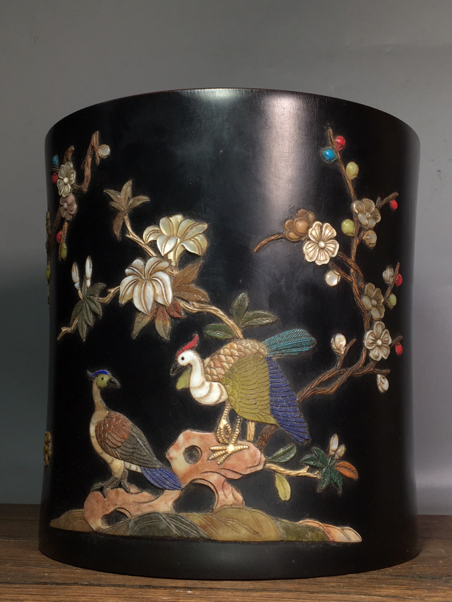 A0387 Vintage Chinese Zitan Wood Inlay Shell & Turquoise,Shoushan Stone,Lapis Lazuli Crane & Flower Design Brush Pot