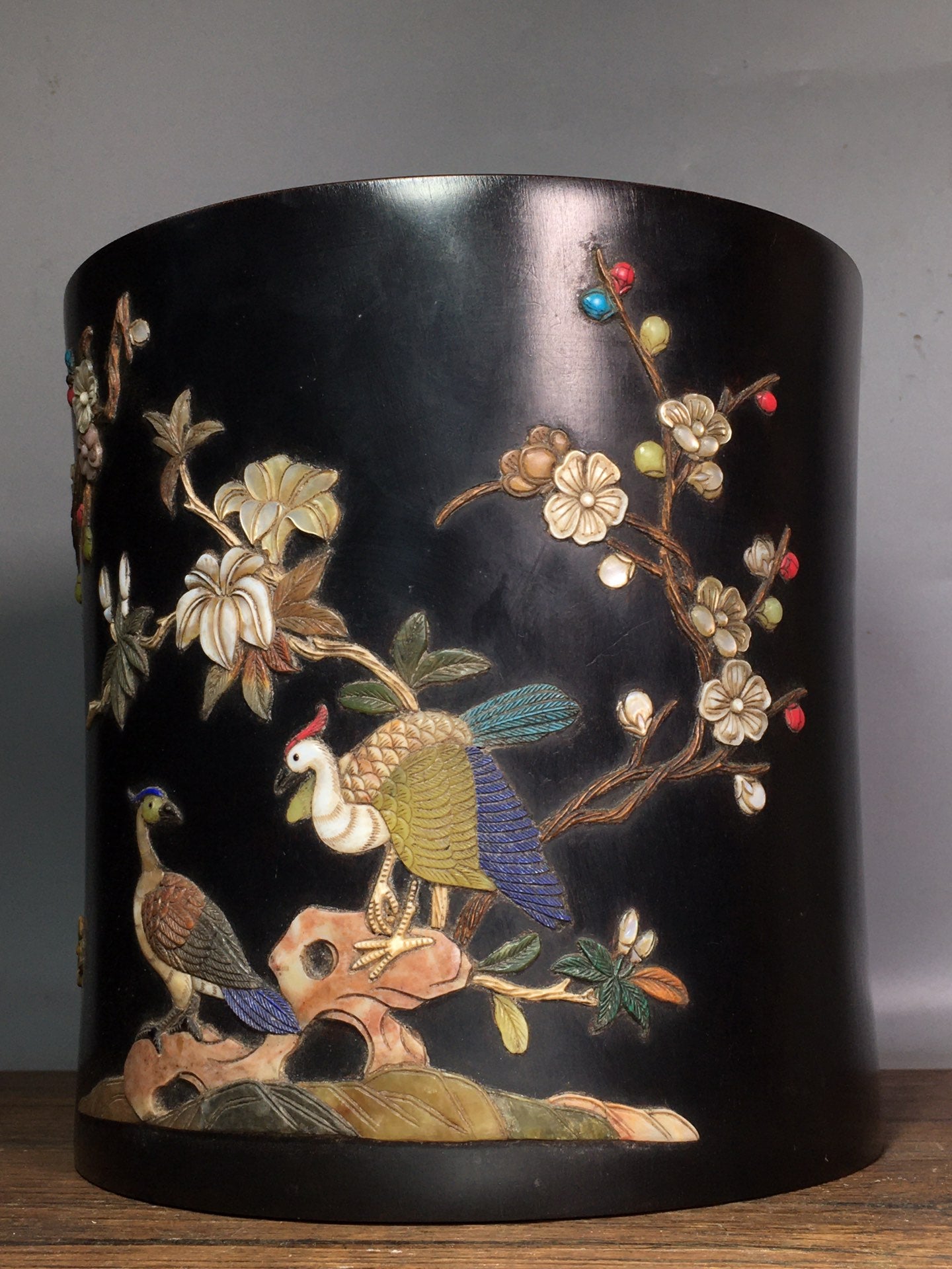 A0387 Vintage Chinese Zitan Wood Inlay Shell & Turquoise,Shoushan Stone,Lapis Lazuli Crane & Flower Design Brush Pot