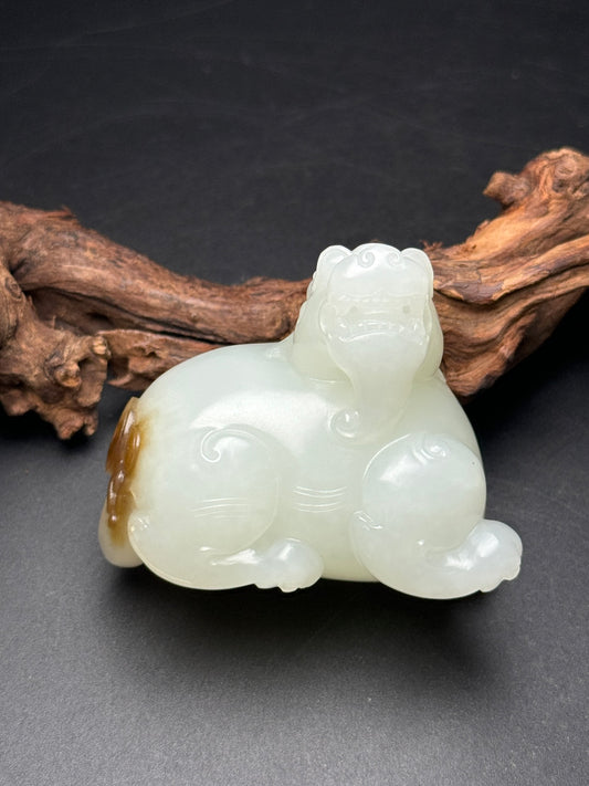 A0388 Chinese Natural Hetian Jade Carved Fortune Pixiu Statue