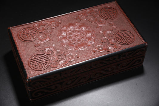 A0390 Vintage Chinese Red Lacquerware Low Relief Flower Design Jewellery Box