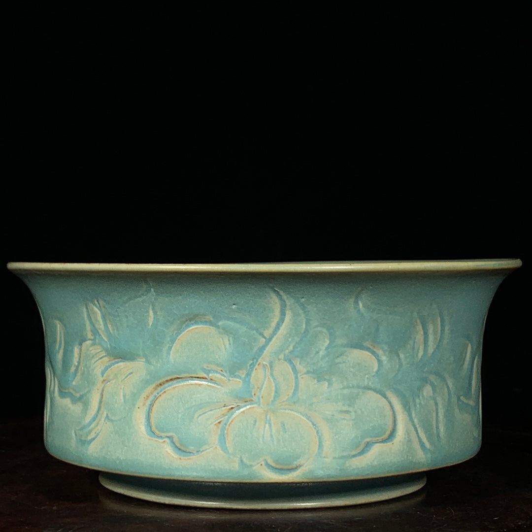 A0391 Chinese Blue Glaze Low Relief Flower Design Porcelain Brush Washer