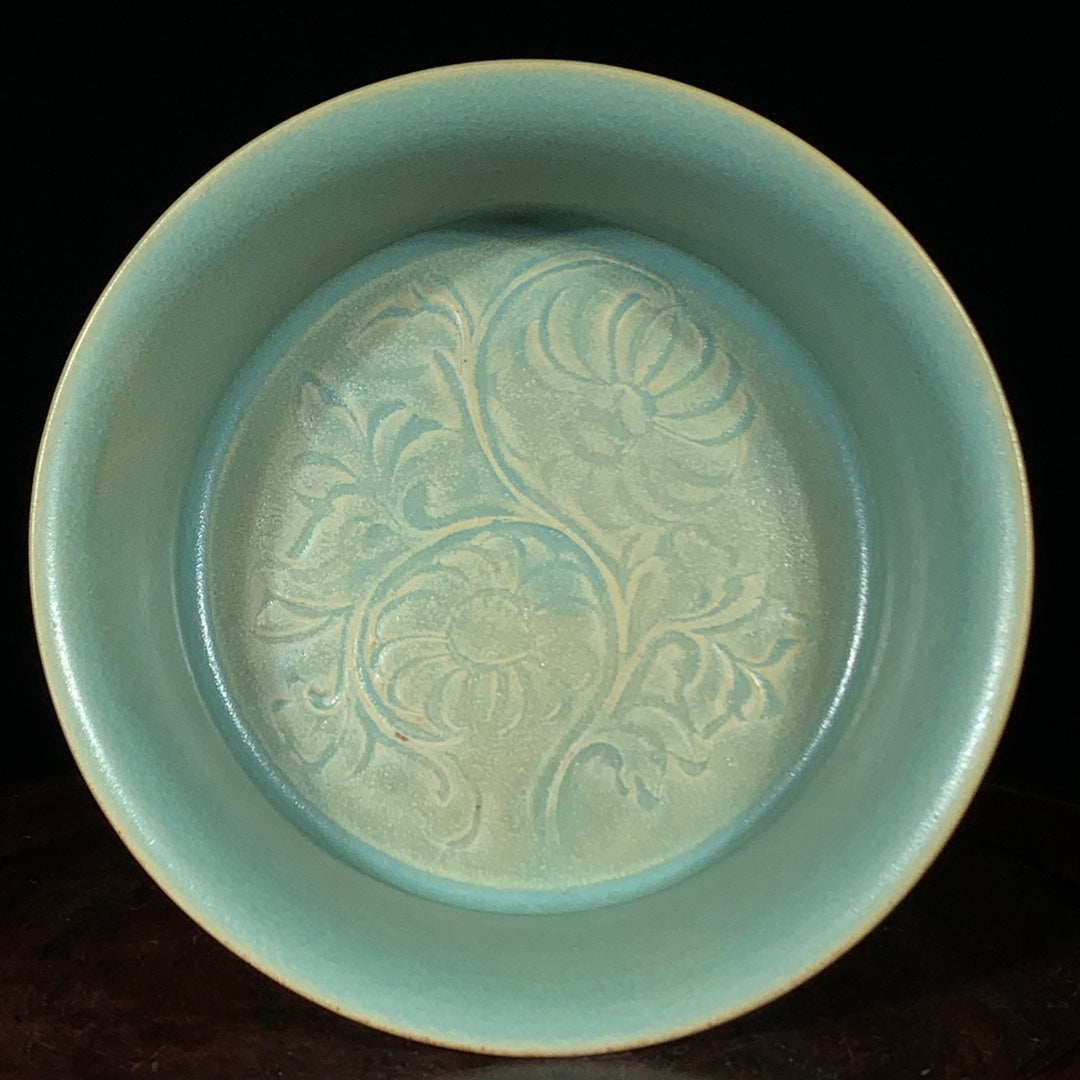 A0391 Chinese Blue Glaze Low Relief Flower Design Porcelain Brush Washer