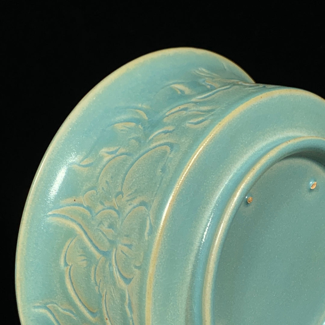 A0391 Chinese Blue Glaze Low Relief Flower Design Porcelain Brush Washer