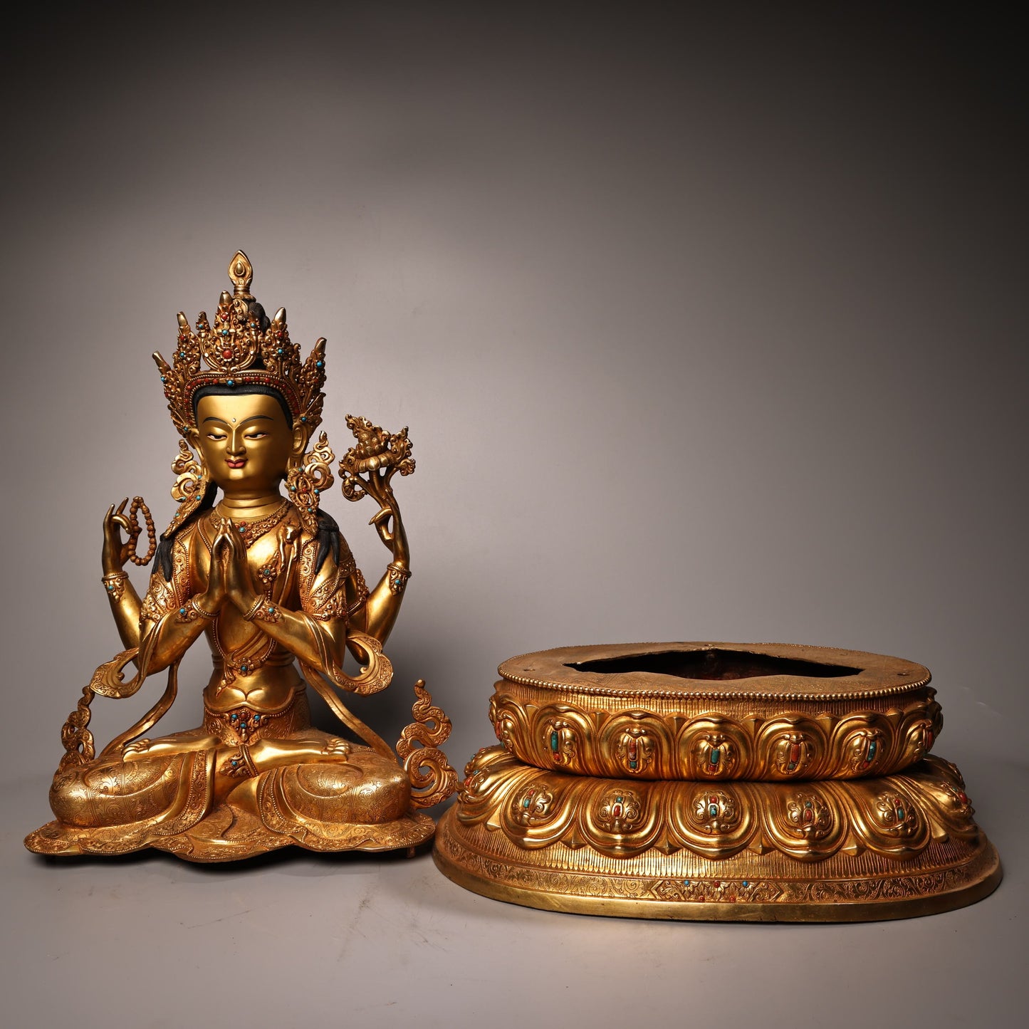 A0394 Vintage Tibetan Gilt Gold Bronze Inlay Gem Four Arms Kwan-yin Statue