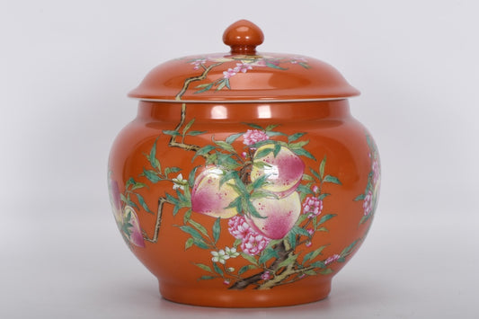 A0395 Chinese Coral Red Glaze Famille Rose Peach & Bat Design Porcelain Pot