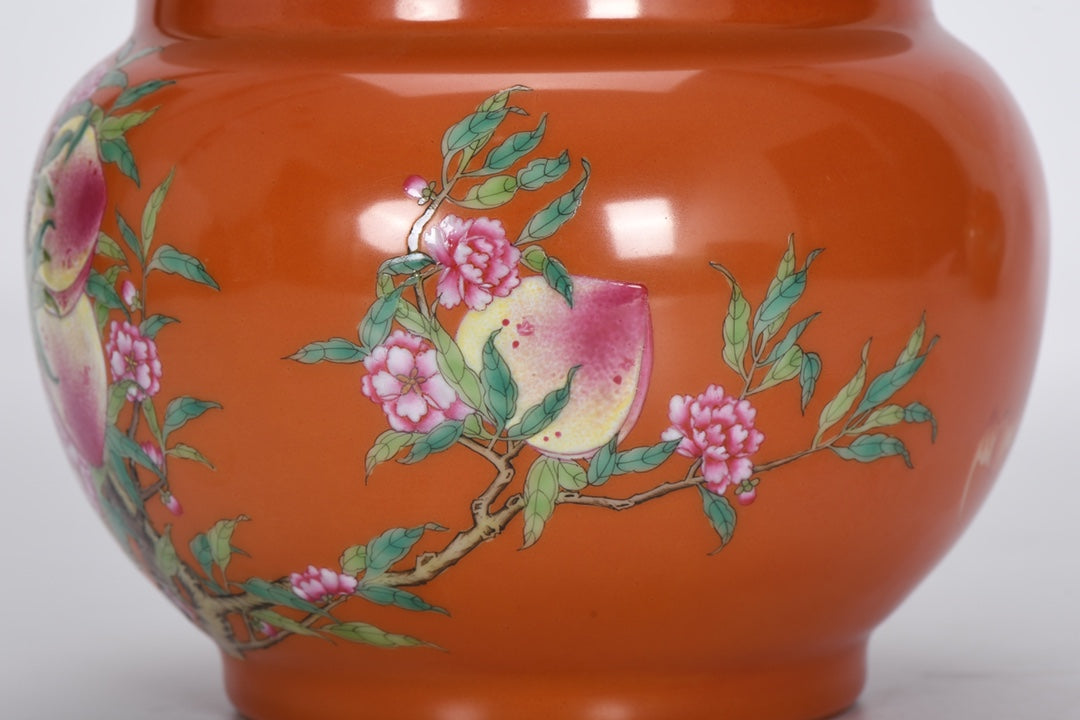 A0395 Chinese Coral Red Glaze Famille Rose Peach & Bat Design Porcelain Pot