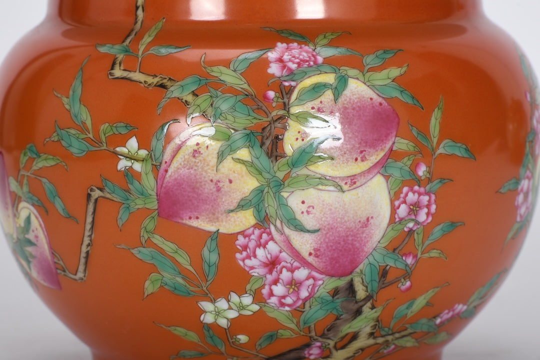 A0395 Chinese Coral Red Glaze Famille Rose Peach & Bat Design Porcelain Pot