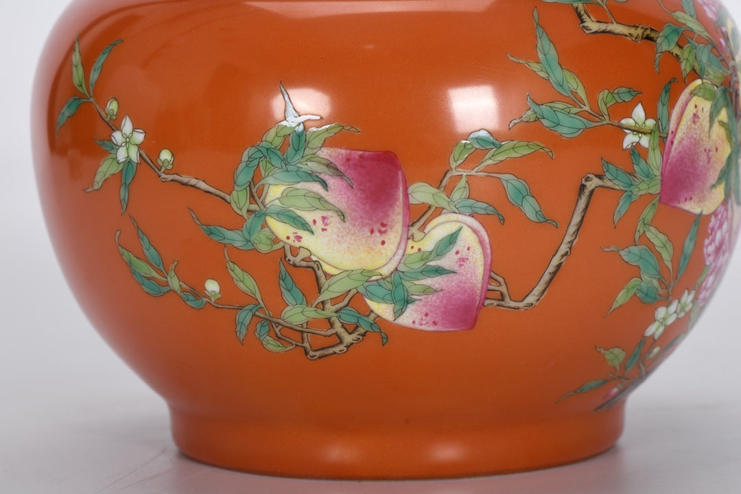 A0395 Chinese Coral Red Glaze Famille Rose Peach & Bat Design Porcelain Pot