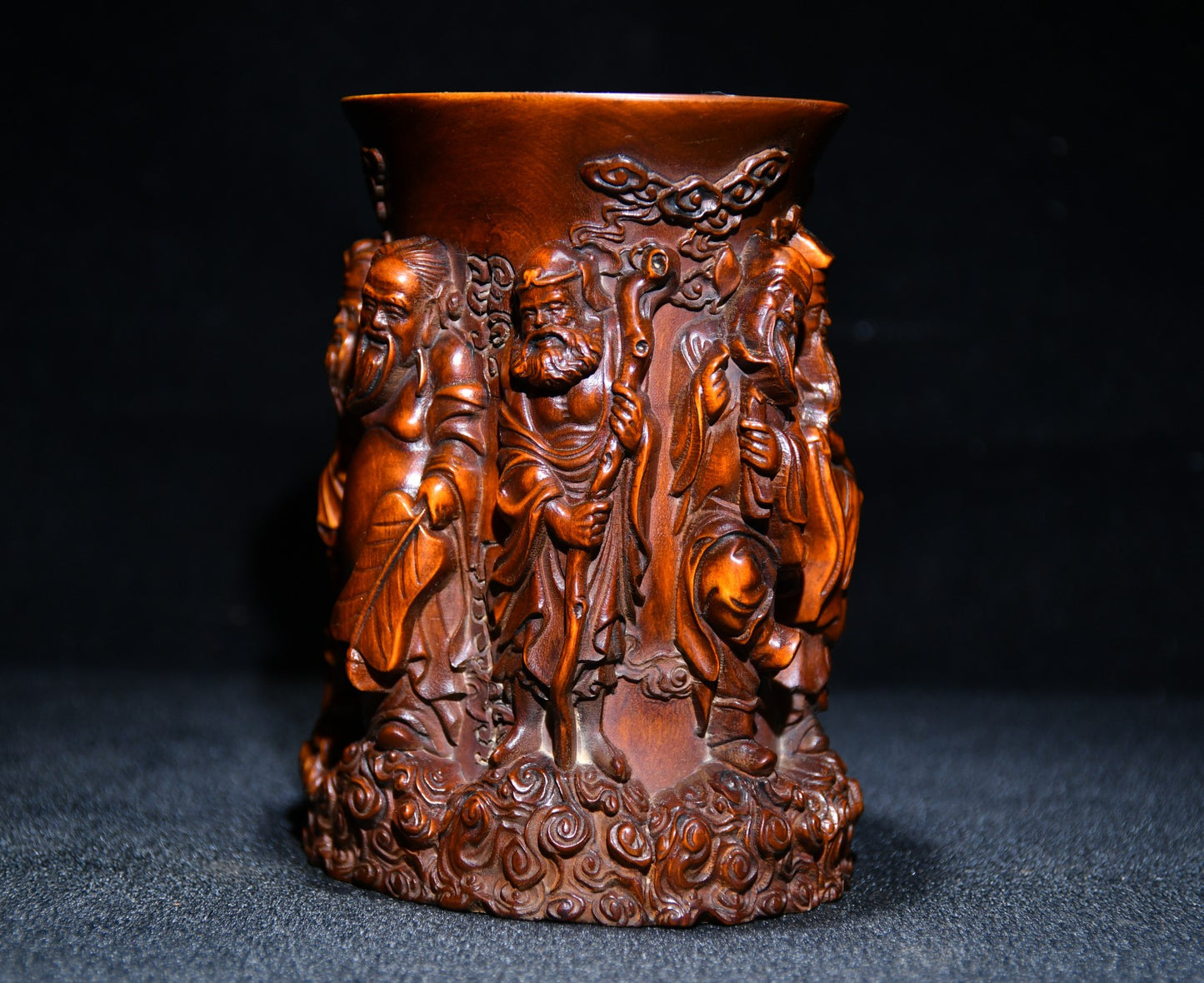 A0396 Old Chinese Boxwood Wood High Relief Eight Taoism Deity Brush Pot