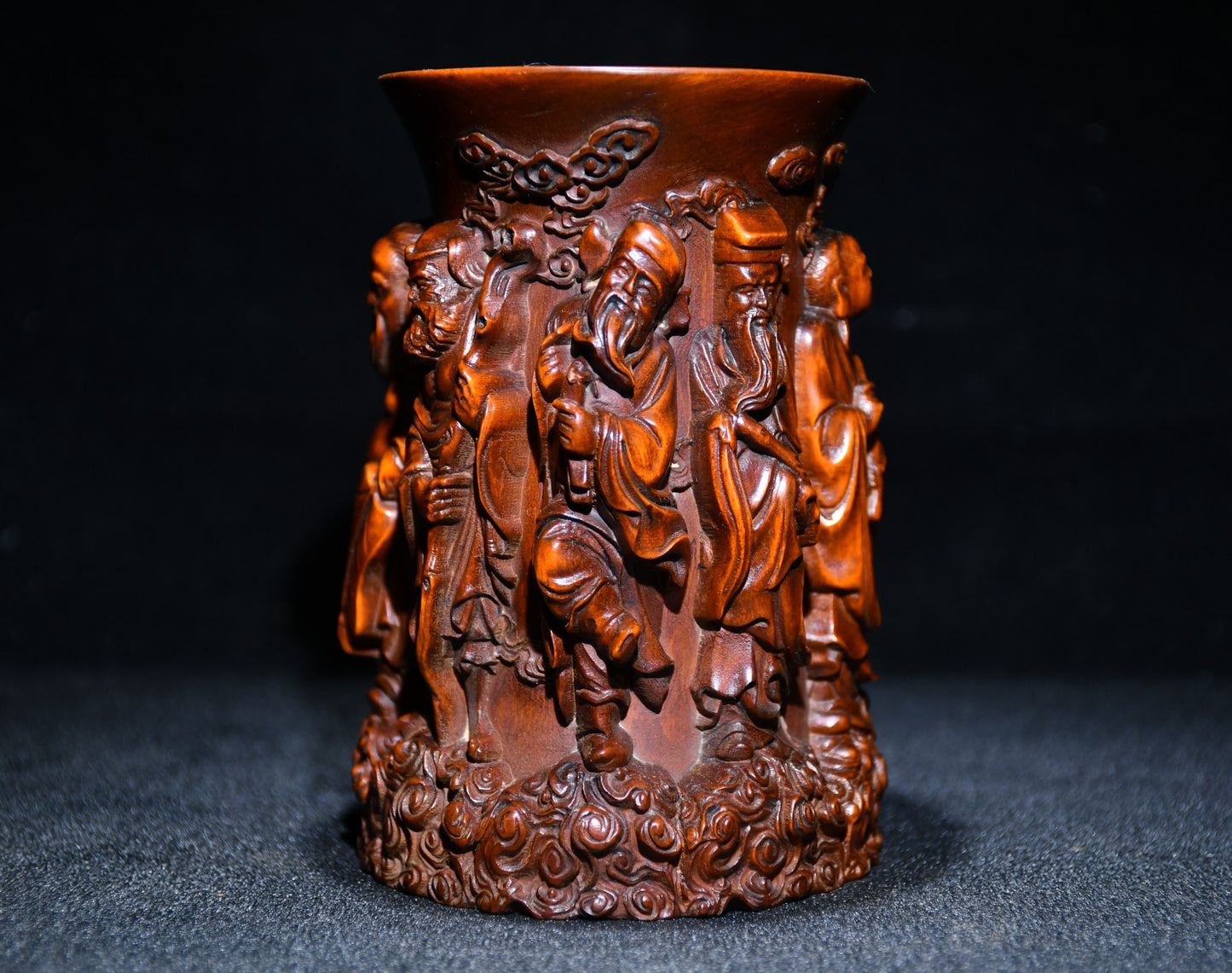 A0396 Old Chinese Boxwood Wood High Relief Eight Taoism Deity Brush Pot