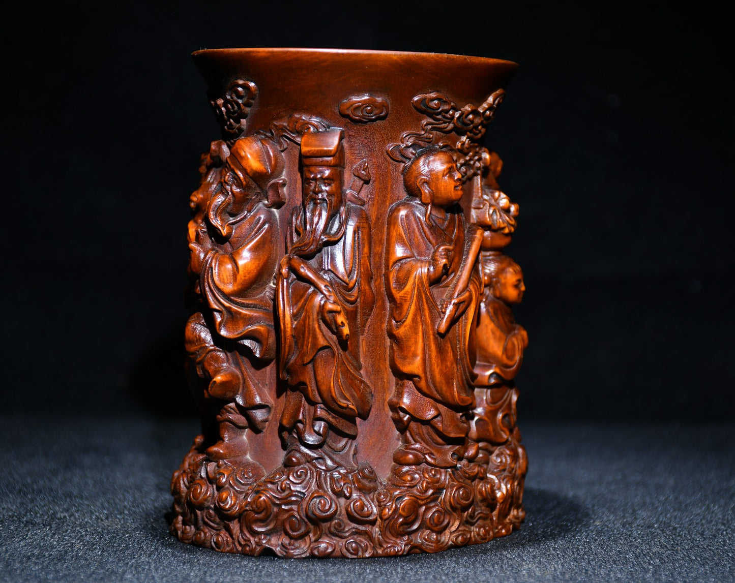 A0396 Old Chinese Boxwood Wood High Relief Eight Taoism Deity Brush Pot