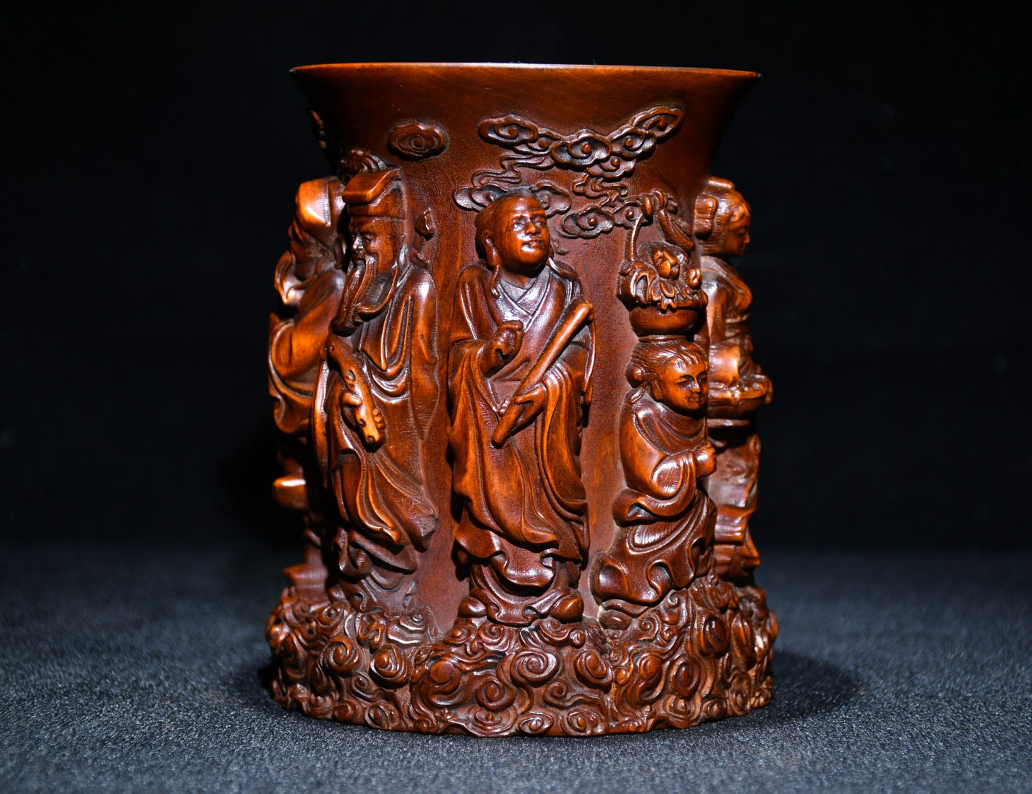 A0396 Old Chinese Boxwood Wood High Relief Eight Taoism Deity Brush Pot