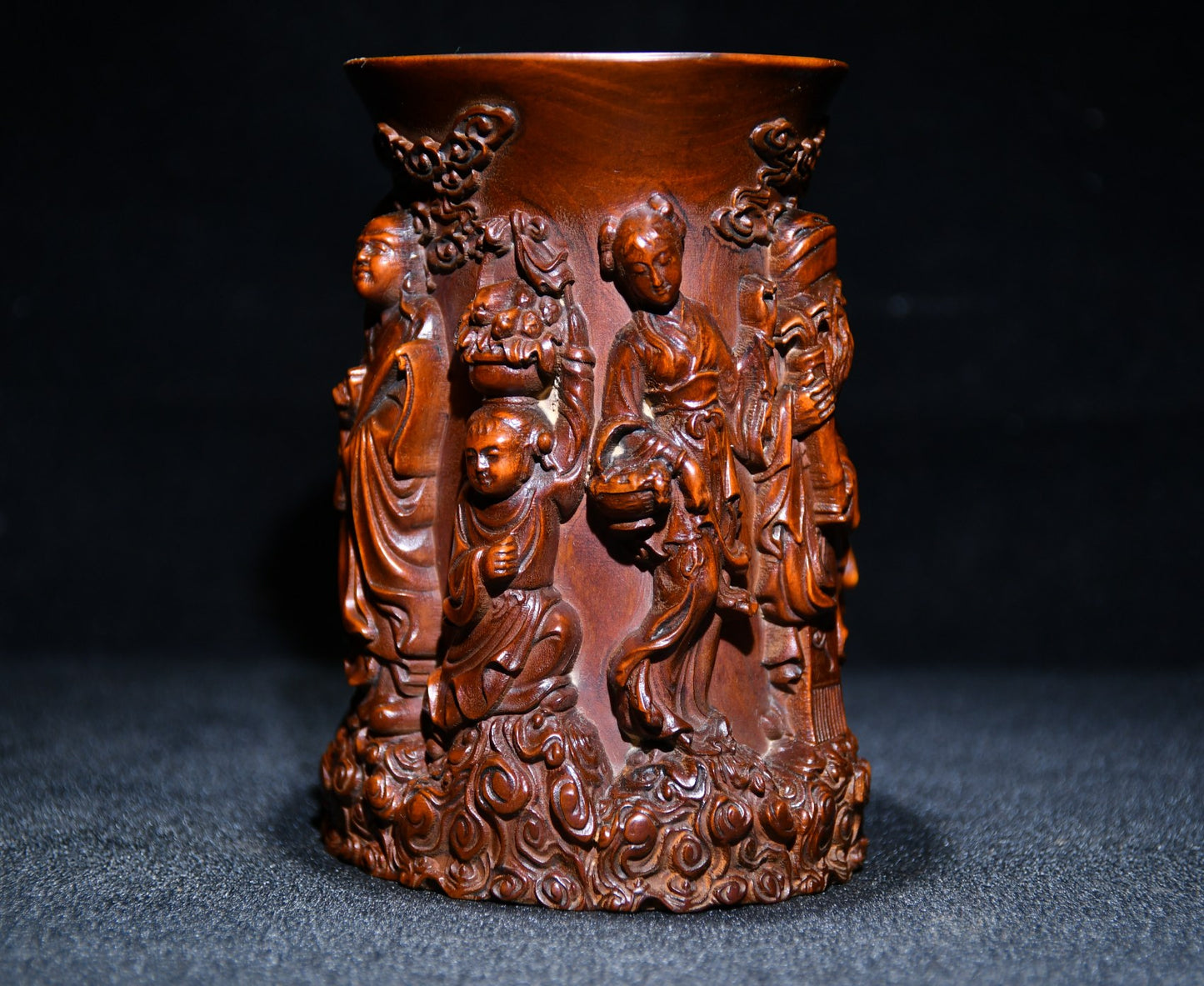 A0396 Old Chinese Boxwood Wood High Relief Eight Taoism Deity Brush Pot