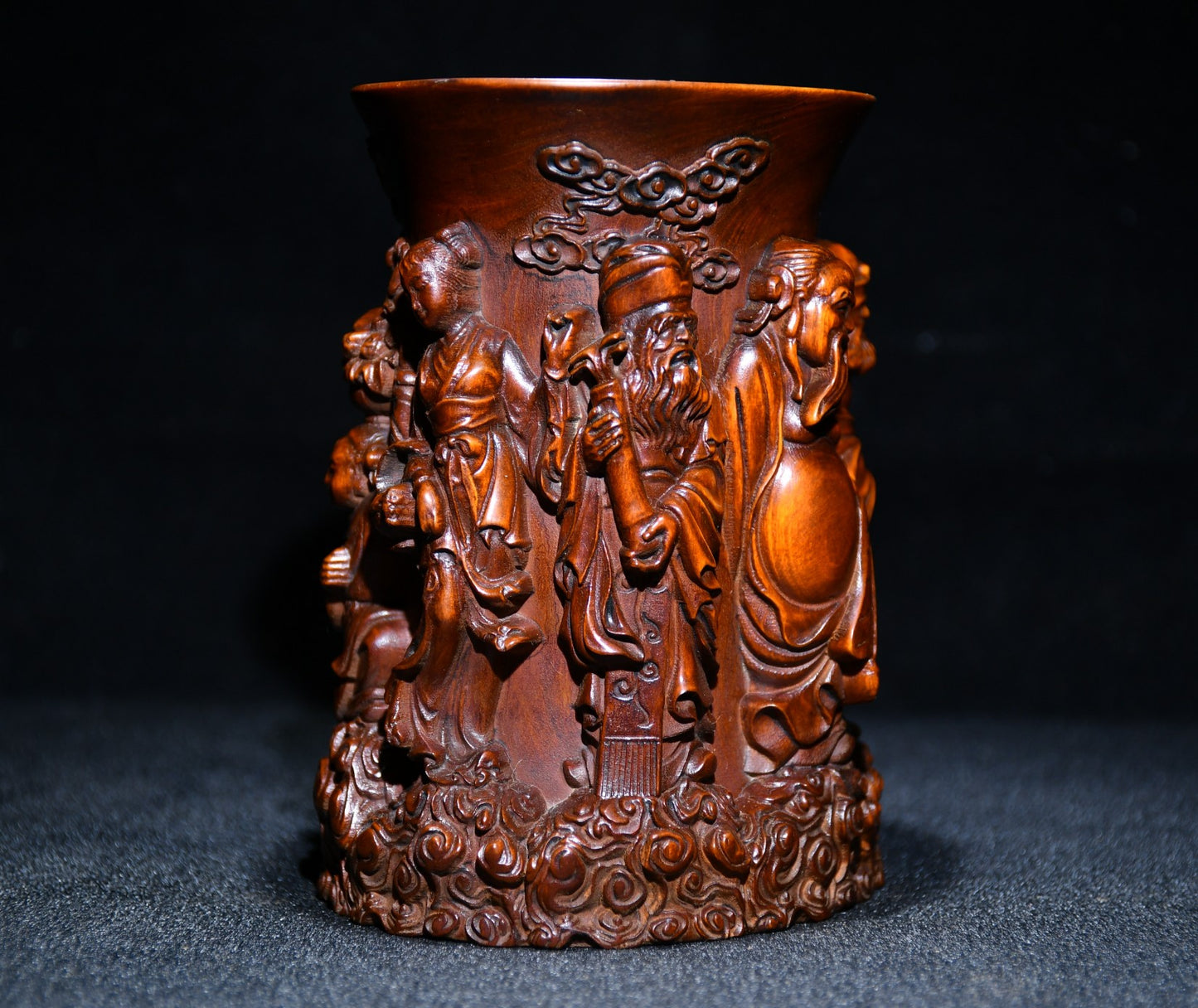 A0396 Old Chinese Boxwood Wood High Relief Eight Taoism Deity Brush Pot