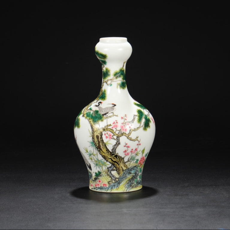 A0398 Chinese Famille Rose Crane & Pine Tree Design Porcealin Vase w Box