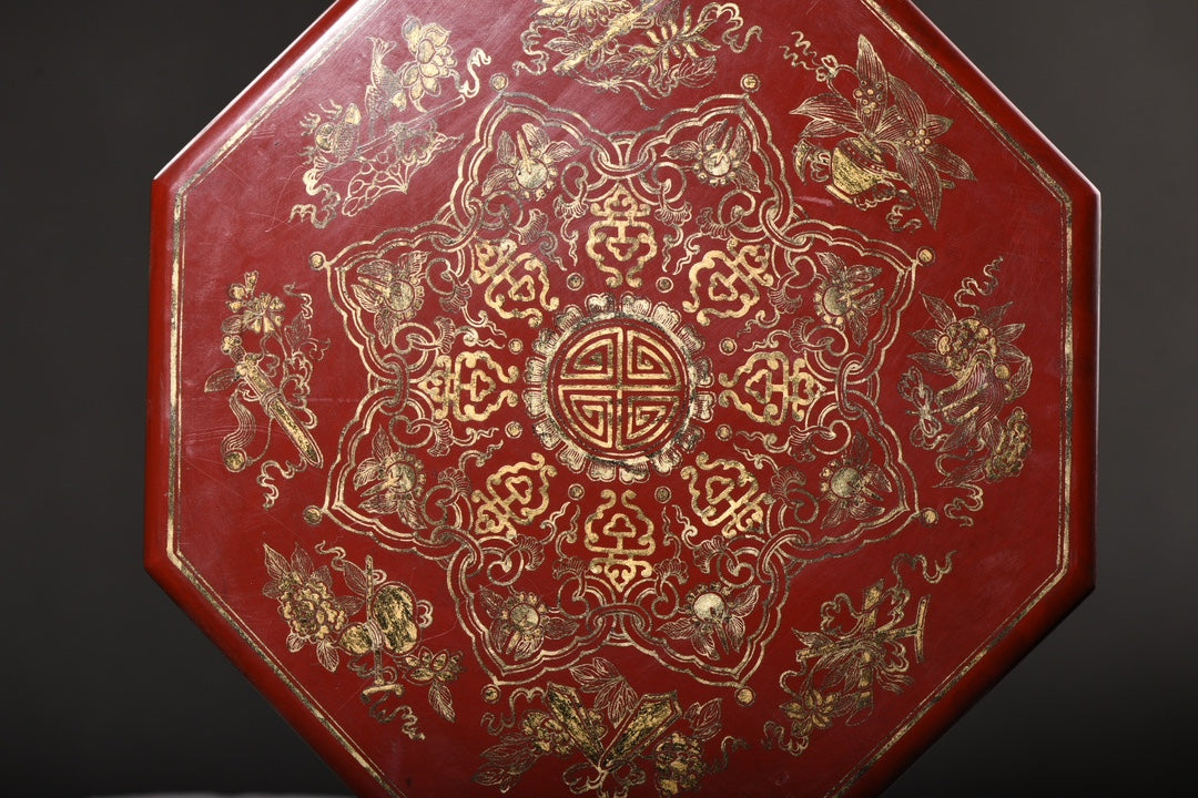 A0399 Vintage Chinese Gilt Gold Red Lacquerware Eight Treasures Design Jewellery Box